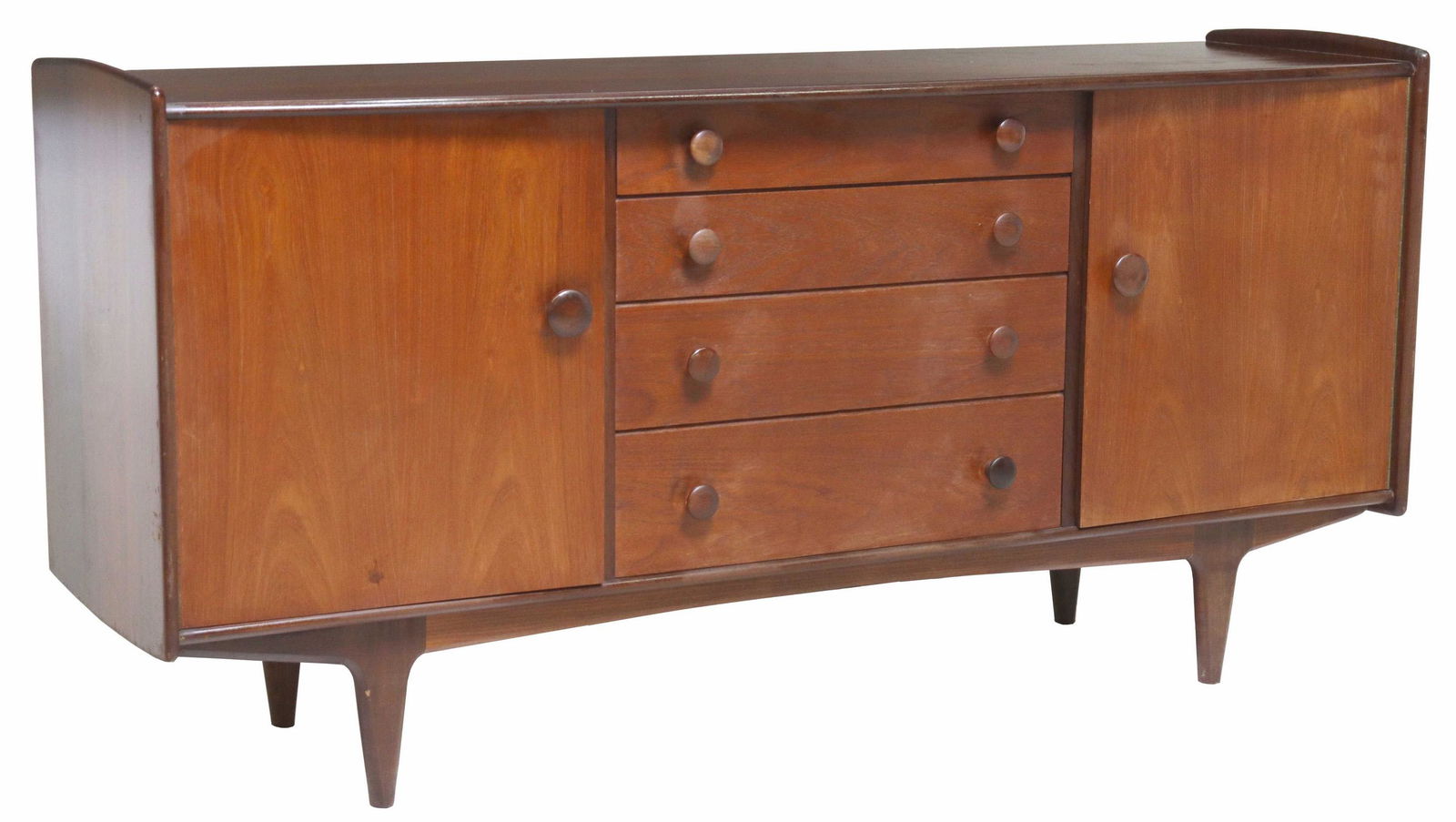A. YOUNGER LTD. MID-CENTURY MODERN TEAK SIDEBOARD: Mid-century modern teak sideboard, A. Younger Limited, c.1960s, four centered drawers, top drawer divided for flatware, flanked by side cabinets, rising on tapered legs, approx 32.5"h, 66"w, 19.5"d St