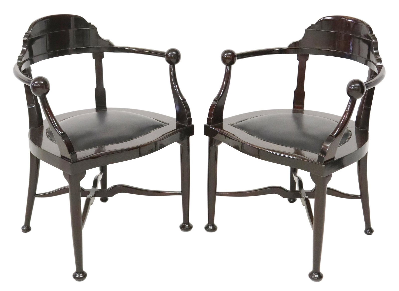 (2) KAROLY LINGEL (ATTRIB) LACQUERED ARMCHAIRS: (lot of 2) Hungarian lacquered wood armchairs, attributed to Karoly Lingel & Sons, early 20th c., having shaped backsplat, open back, ball form handholds, upholstery with nailhead trim, on stretcher-j
