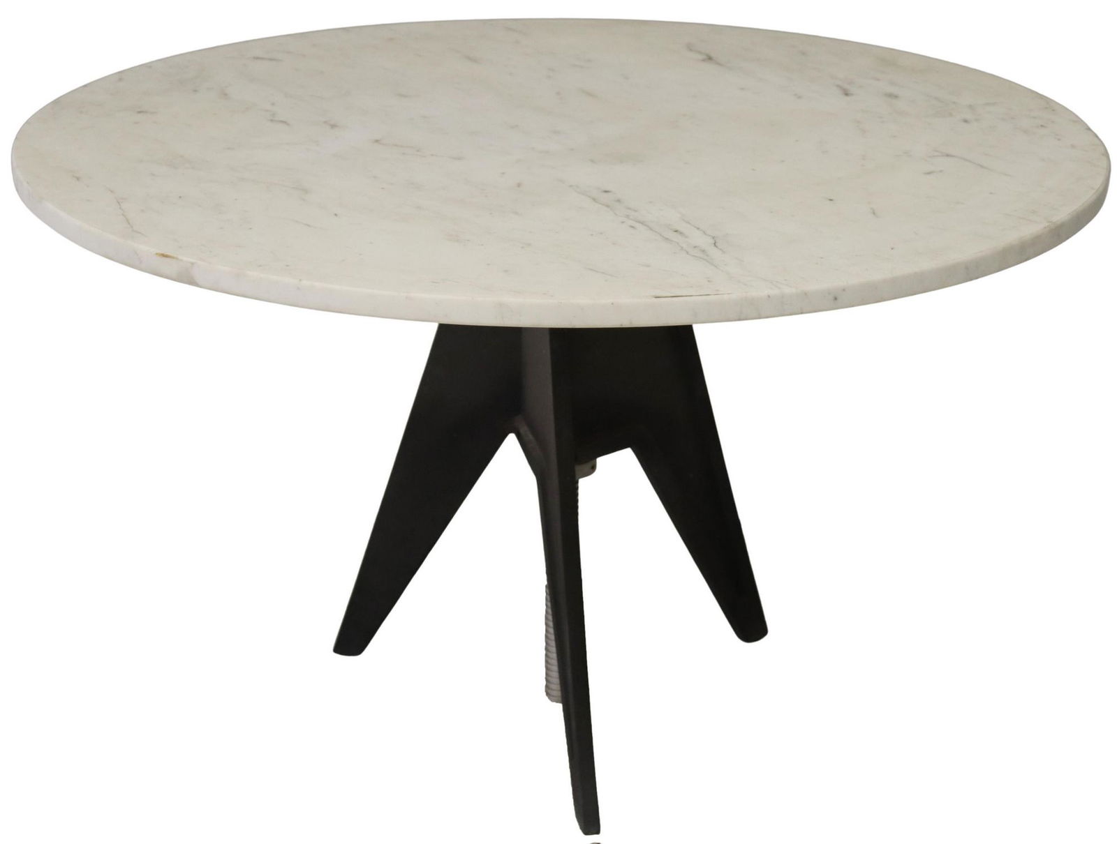 TOM DIXON ROTATING MARBLE TOP 'SCREW SIDE TABLE': Contemporary "Screw Side Table," Tom Dixon, London, having white marble lazy susan top, on threaded steel standard, ending on tripodal tapered legs, evidence of outdoor use, approx 21 7/8"h, 35.5"diam