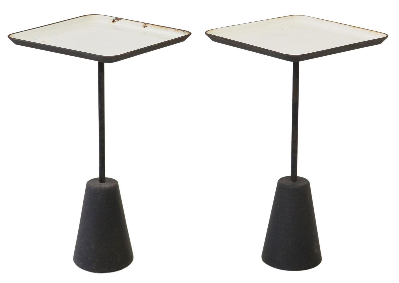 (2) TOM DIXON (B.1959) 'SPOT' ENAMELED SIDE TABLES: (pair) "Spot" side tables, designed by Tom Dixon (British, b.1959), having square white enameled steel top, over pole support, rising on weighted base, approx 21"h, 12"w, 12"d**Provenance: An importan