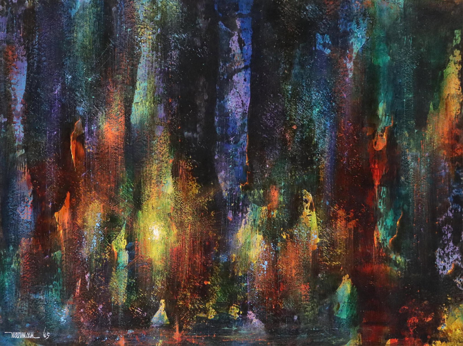 LEONARDO NIERMAN (B.1932) ABSTRACT PAINTING: Framed acrylic on board painting, signed lower left Nierman (Leonardo Nierman, Mexican, b.1932), dated [19]65, sight: approx 23.5"h, 31.5"w, overall: 31.75"h, 39.5"w, 15lbs Start Price: $700.00