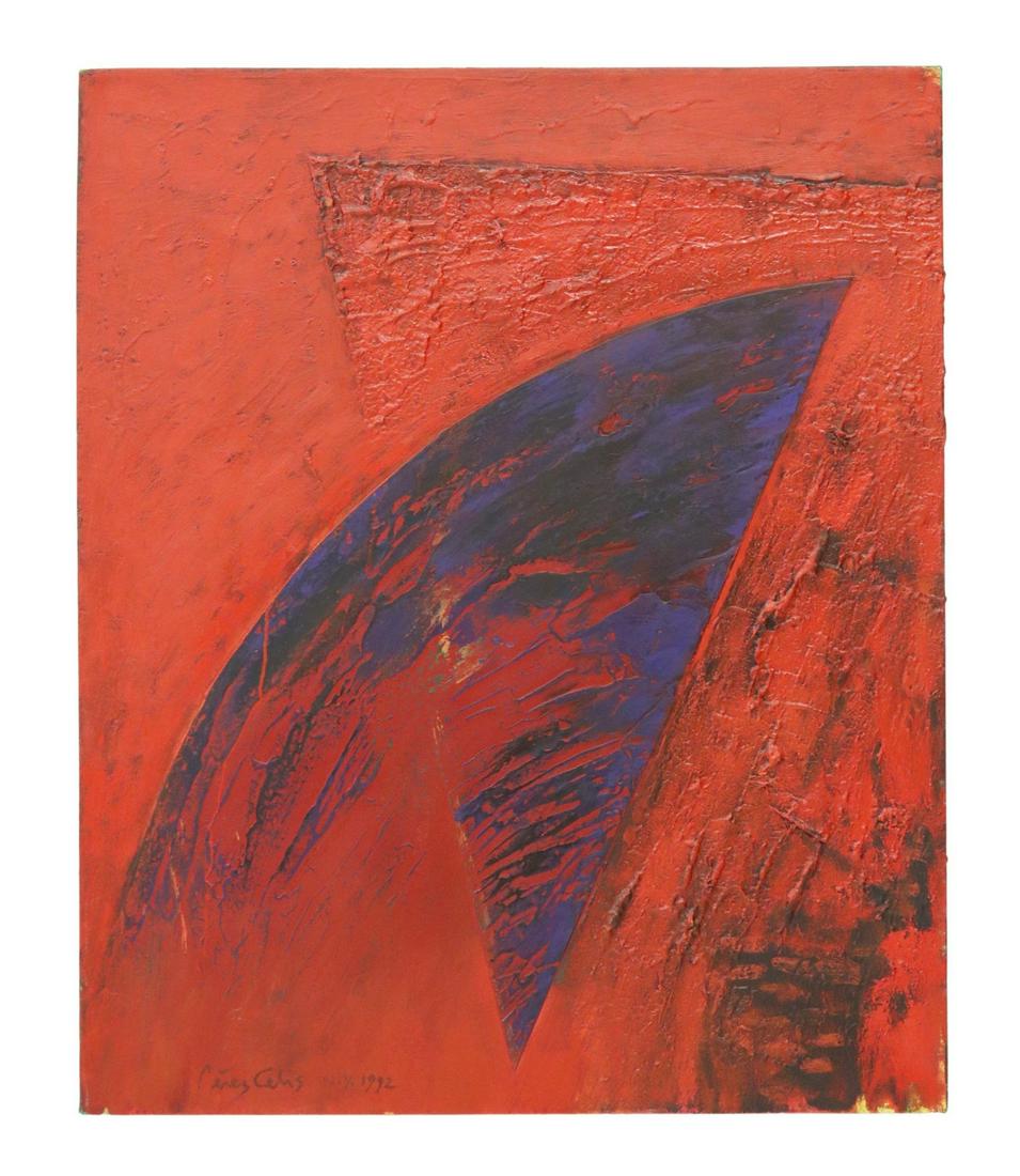 PEREZ CELIS (1939-2008) 'ECO-SISTEMA-RED' 36"x30": Unframed oil on stretched canvas painting, "Eco-Sistema-Red," signed lower left Perez Celis (Argentine, 1939-2008), N.Y. 1992, titled verso, approx 36.25"h, 30"w, 8.5lbs**Provenance: An important Four