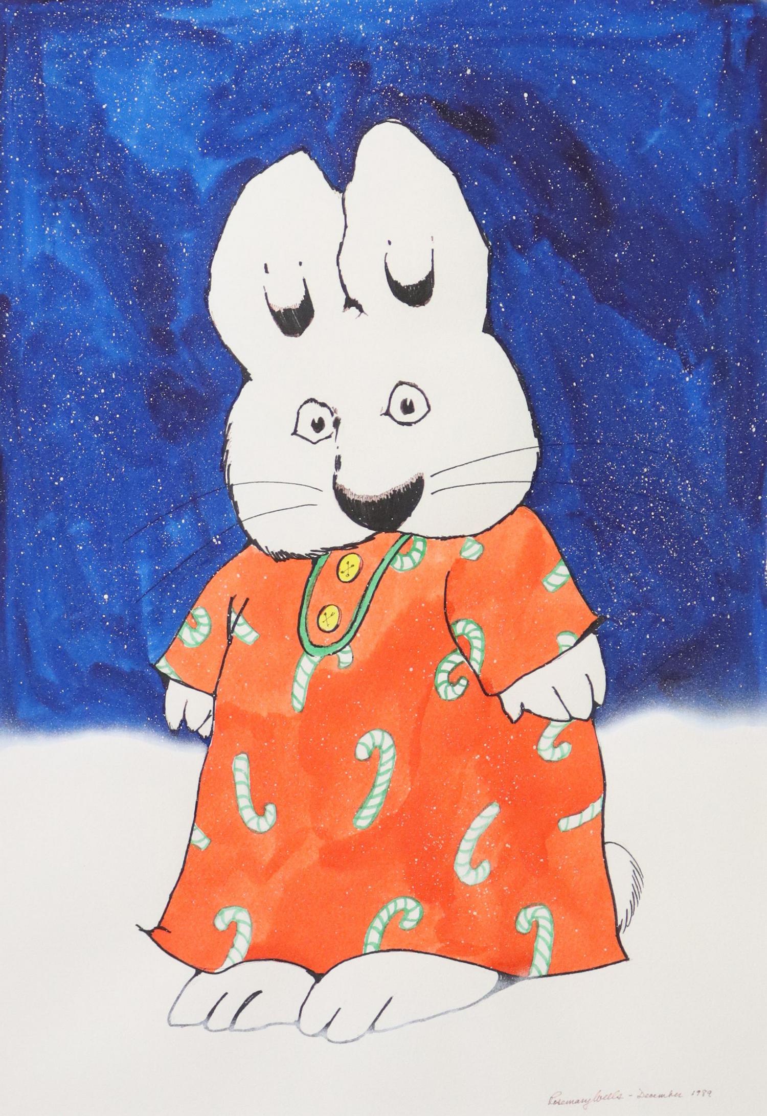 ROSEMARY WELLS (B1943) MAX & RUBY ILLUSTRATION ART: Framed ink and watercolor painting on paper, Max, signed lower right Rosemary Wells (American, b.1943), dated December 1989, sight: approx 20.5"h, 14.75"w, overall: 26.5"h, 20.25"w, 7lbs**Provenance: 