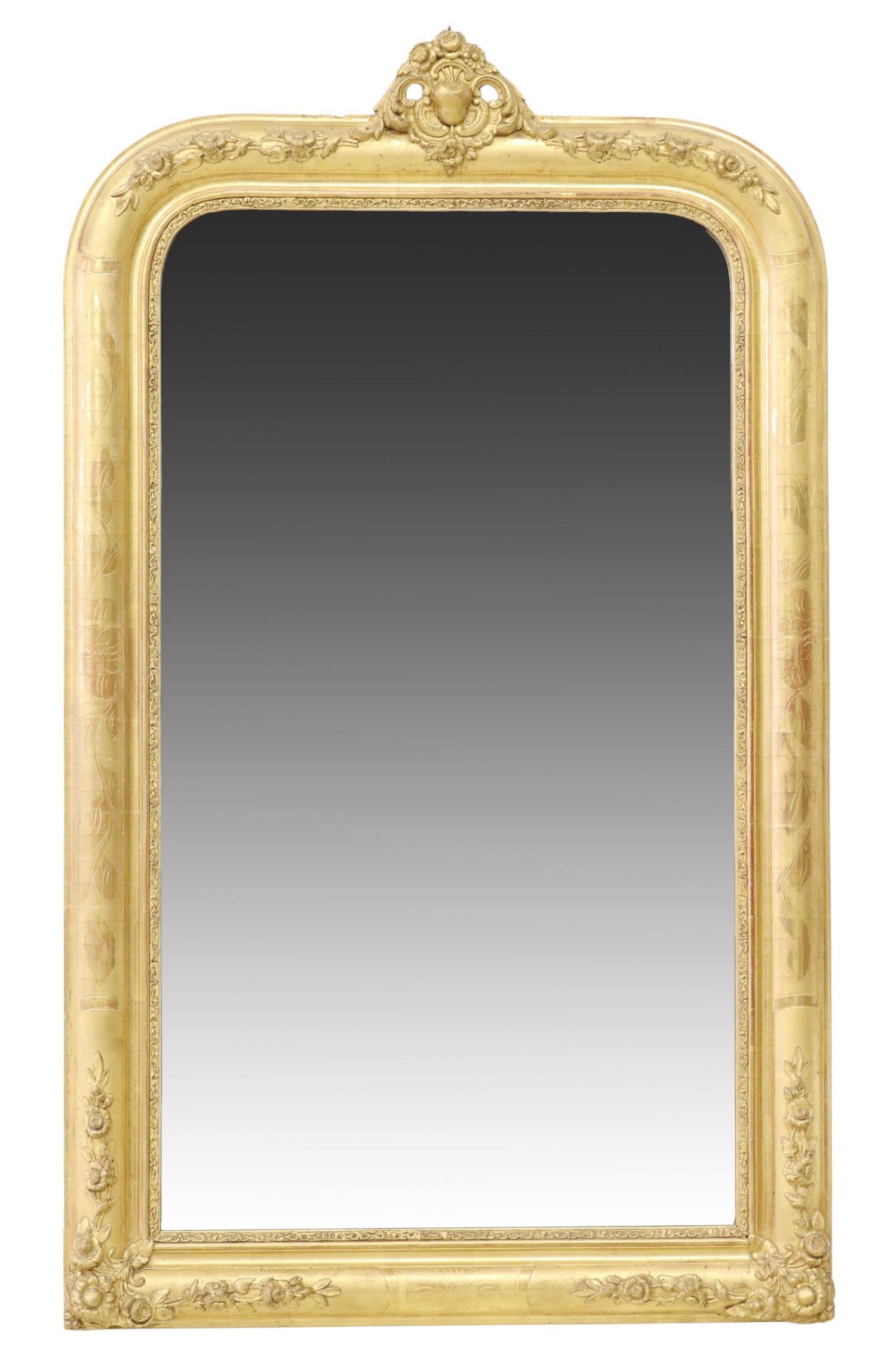 FRENCH LOUIS PHILIPPE PERIOD GILTWOOD MIRROR: French Louis Philippe period giltwood mirror, mid 19th c., having floral crest, frame encasing flat mirror plate, approx 45.25"h, 27"w, 30.5lbs Start Price: $600.00