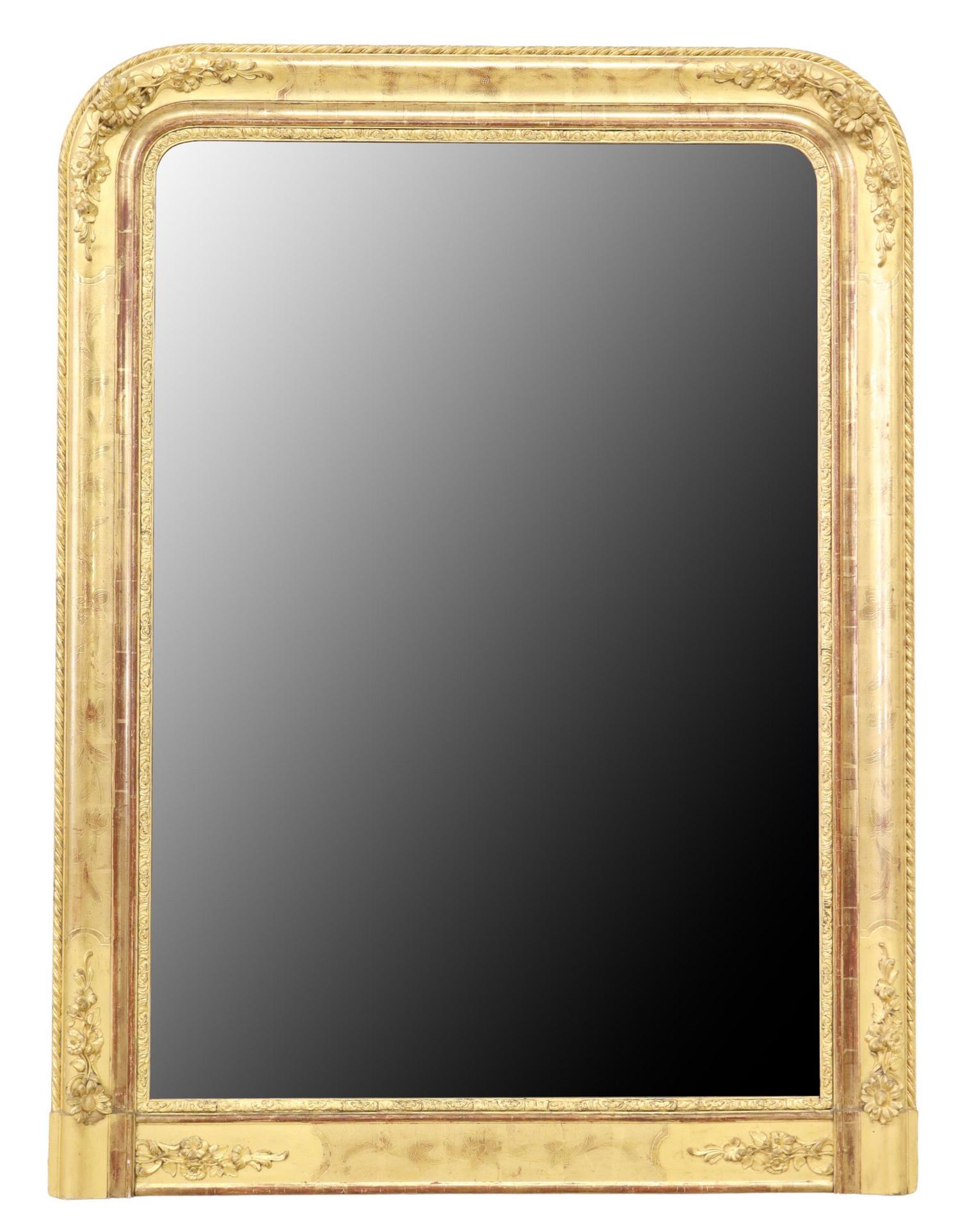 FRENCH LOUIS PHILIPPE PERIOD GILTWOOD MIRROR: French Louis Philippe period giltwood mirror, mid 19th c., frame with applied florals, encasing flat mirror plate, approx 51.25"h, 38.5"w, 46.5lbs Start Price: $600.00