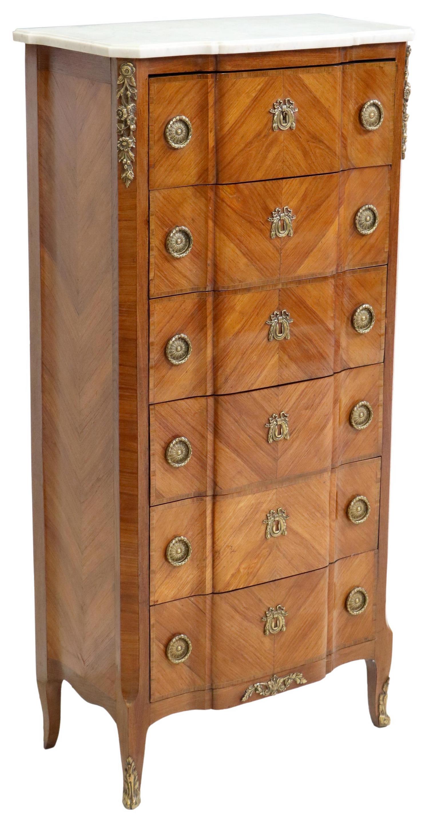 FRENCH LOUIS XV STYLE MARBLE-TOP CHIFFONIER CHEST: French Louis XV style chiffonnier chest, 20th c., having shaped marble top, matched veneer case, fitted with six drawers, gilt metal mounts, rising on cabriole legs, ending in sabots, approx 54 1/8"h,