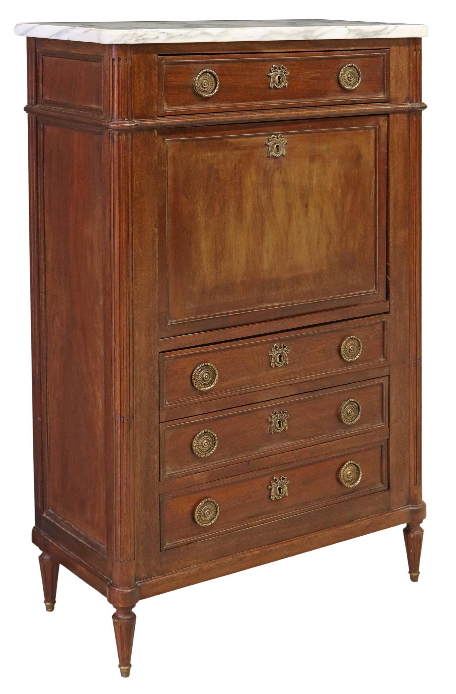 LOUIS XVI STYLE MARBLE-TOP SECRETAIRE A ABATTANT: French Louis XVI style fall-front desk, early 20th c., shaped marble top, mahogany case fitted with a frieze drawer, fall-front panel, interior gallery with drawers, inset leather writing surface, ove