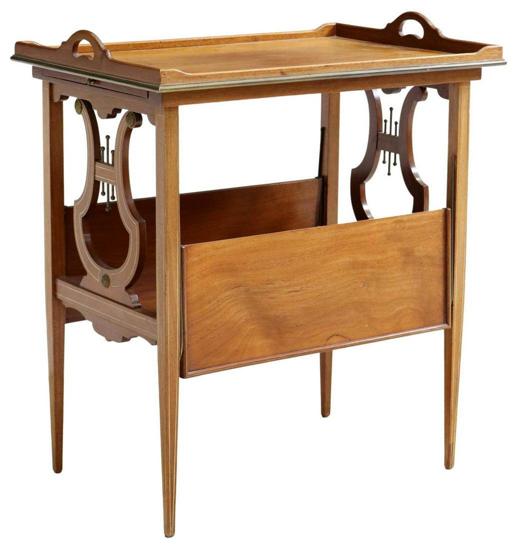 NEOCLASSICAL STYLE MAHOGANY DESSERT STAND/ SERVER: Neoclassical style mahogany dessert stand/ server, 20th c., handled tray top, pull-out slides, lyre-form supports, folding sides, rising on tapering square legs with brass string inlay, open: approx 3