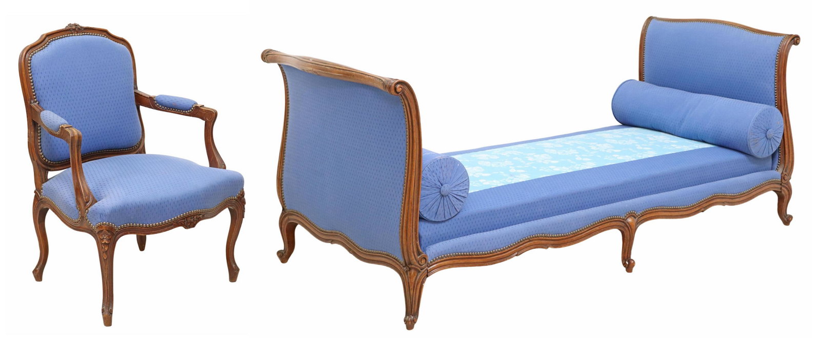 (2) LOUIS XV STYLE WALNUT DAYBED & ARMCHAIR SET: (lot of 2) French Louis XV walnut style salon set, early 20th c., in patterned blue fabric upholstery, with nailhead trim, rising on cabriole legs, ending on whorl feet, including: (1) daybed, accompa