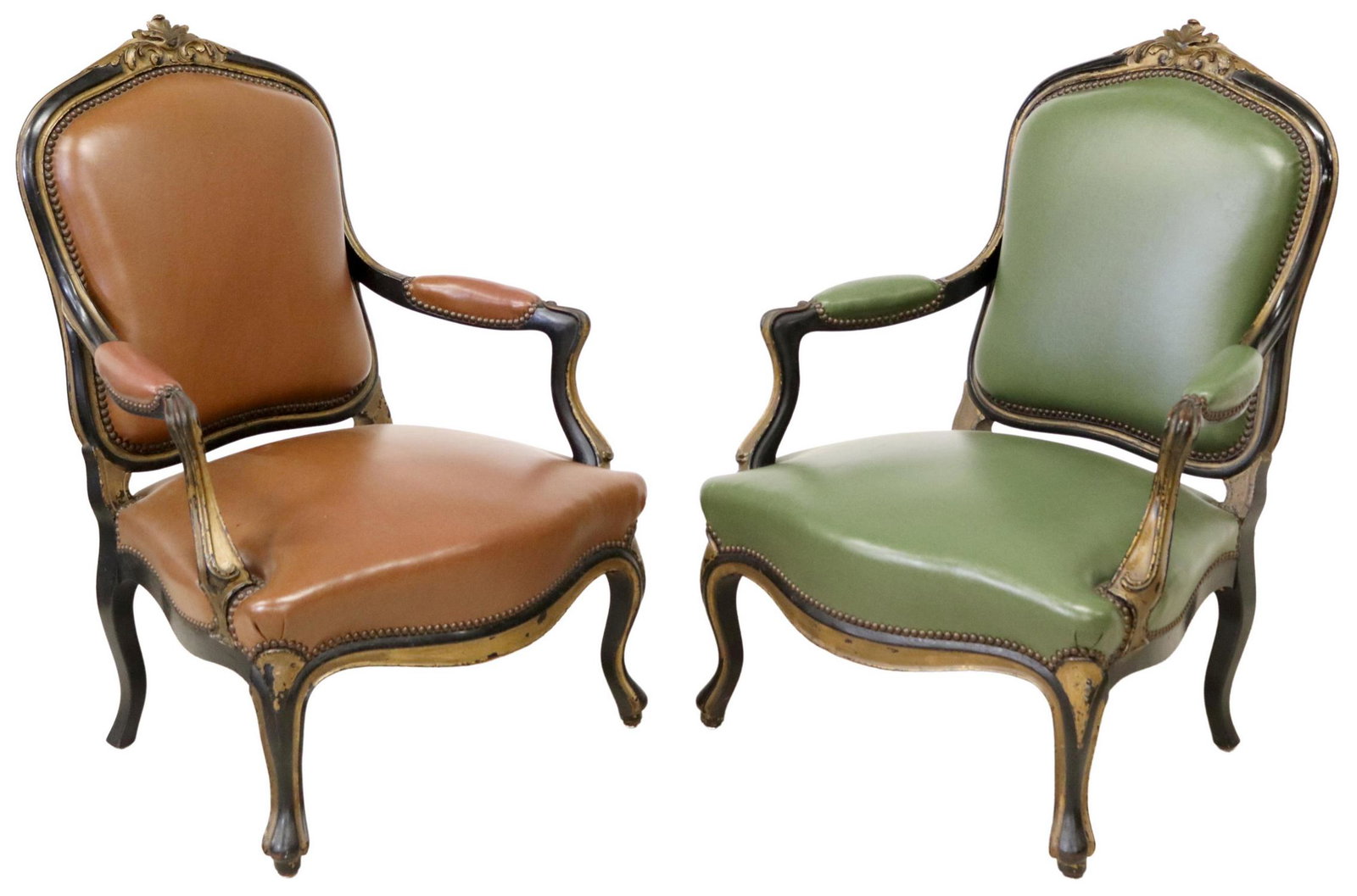 (2) FRENCH LOUIS XV STYLE PAINTED FAUTEUILS: (pair) French Louis XV style armchairs, 20th c., painted frames, in varied colored upholstery, with nailhead trim, rising on cabriole legs, some paint loss, approx 38 1/8"h, 27.5"w, 23"d, seat height:
