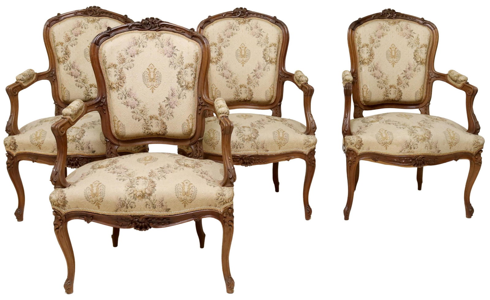 (4) FRENCH LOUIS XV STYLE UPHOLSTERED FAUTEUILS: (lot of 4) French Louis XV style armchairs, 19th c., having carved shell crest, in a patterned upholstery, with ric rac trim, scrolled handholds, rising on cabriole legs, ending in whorl feet, approx 