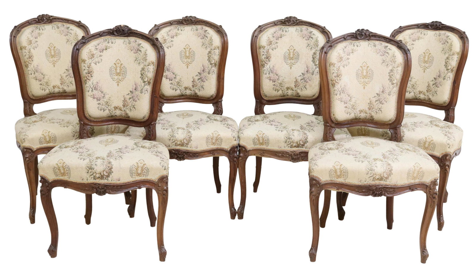 (6) FRENCH LOUIS XV STYLE UPHOLSTERED SIDE CHAIRS: (lot of 6) French Louis XV style side chairs, early 20th c., having carved shell crest, in a patterned upholstery, with ric rac trim, rising on cabriole legs, ending in whorl feet, approx 35.5"h, 20.5