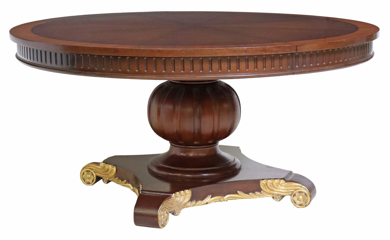 EMPIRE STYLE PARCEL GILT MAHOGANY EXTENSION TABLE: Empire style mahogany extension table, 20th c., banded tabletop, bulbous center pedestal, platform base with concave sides, parcel gilt foliate scrolls, no leaves present, abrasion to top at center, a