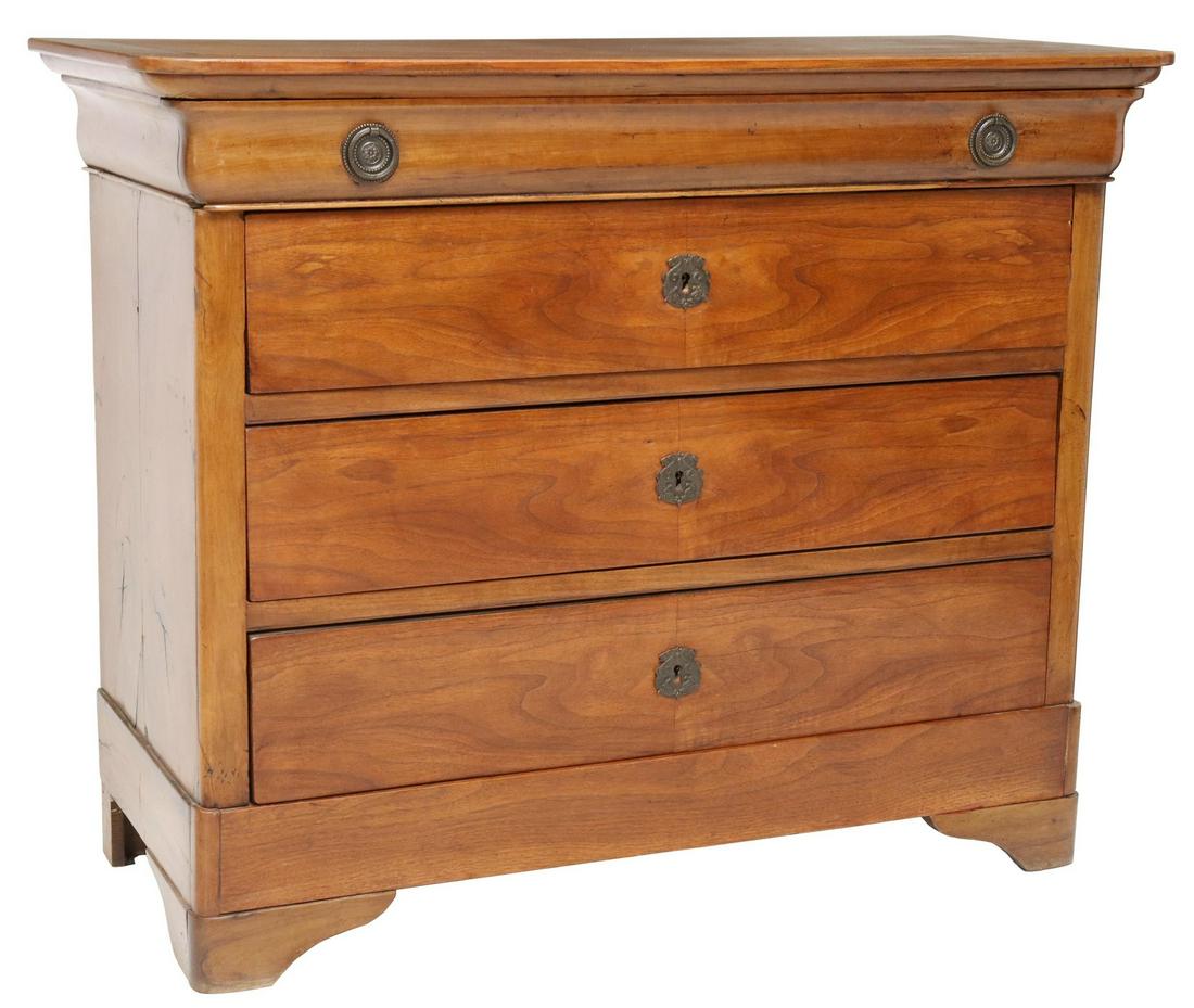 FRENCH LOUIS PHILIPPE FOUR-DRAWER COMMODE: French Louis Philippe period commode, mid 19th c., ogee frieze drawer, over three additional drawers, rising on bracket feet, restoration to case, later top, approx 37.25"h, 45.75"w, 20.5"d Start Pric