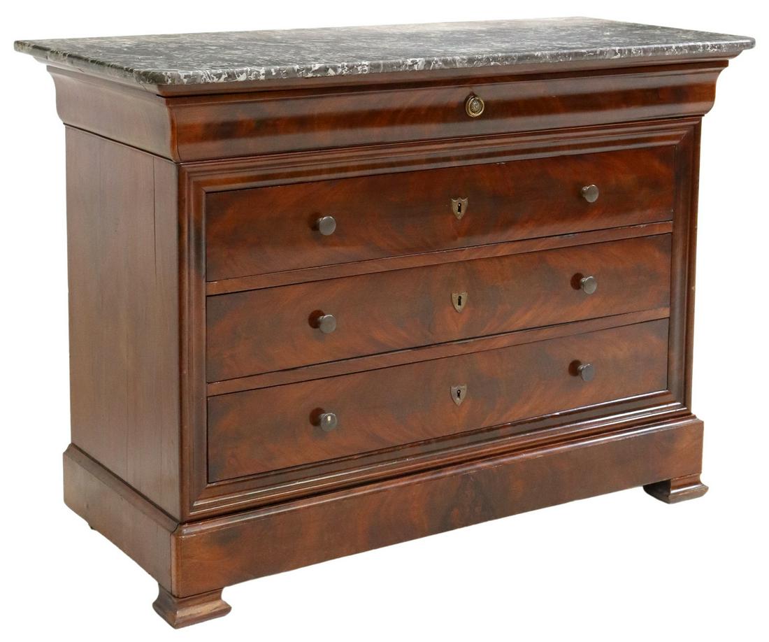 FRENCH LOUIS PHILIPPE MARBLE-TOP MAHOGANY COMMODE: French Louis Philippe period flame mahogany commode, mid 19th c., having marble top, over five drawers, with shield-form escutcheons, ending on bracket feet, small splits at side panels, approx 37"h,