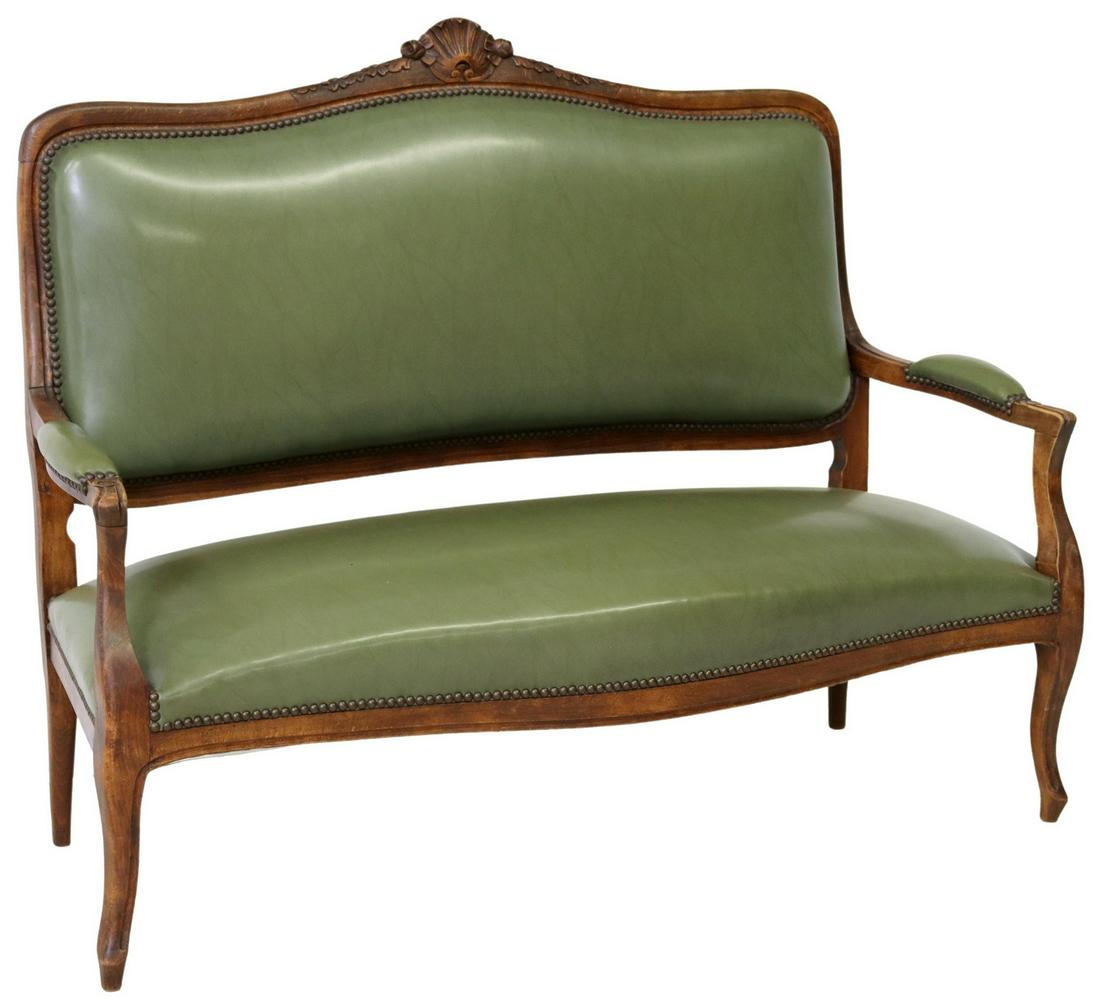 FRENCH LOUIS XV STYLE GREEN UPHOLSTERED SETTEE: French Louis XV style settee, 20th c., having floral and shell crest, in a green upholstery, with nailhead trim, rising on cabriole legs, approx 40.75"h, 51.25"w, 26.5"d, seat height: 17"h Start Price