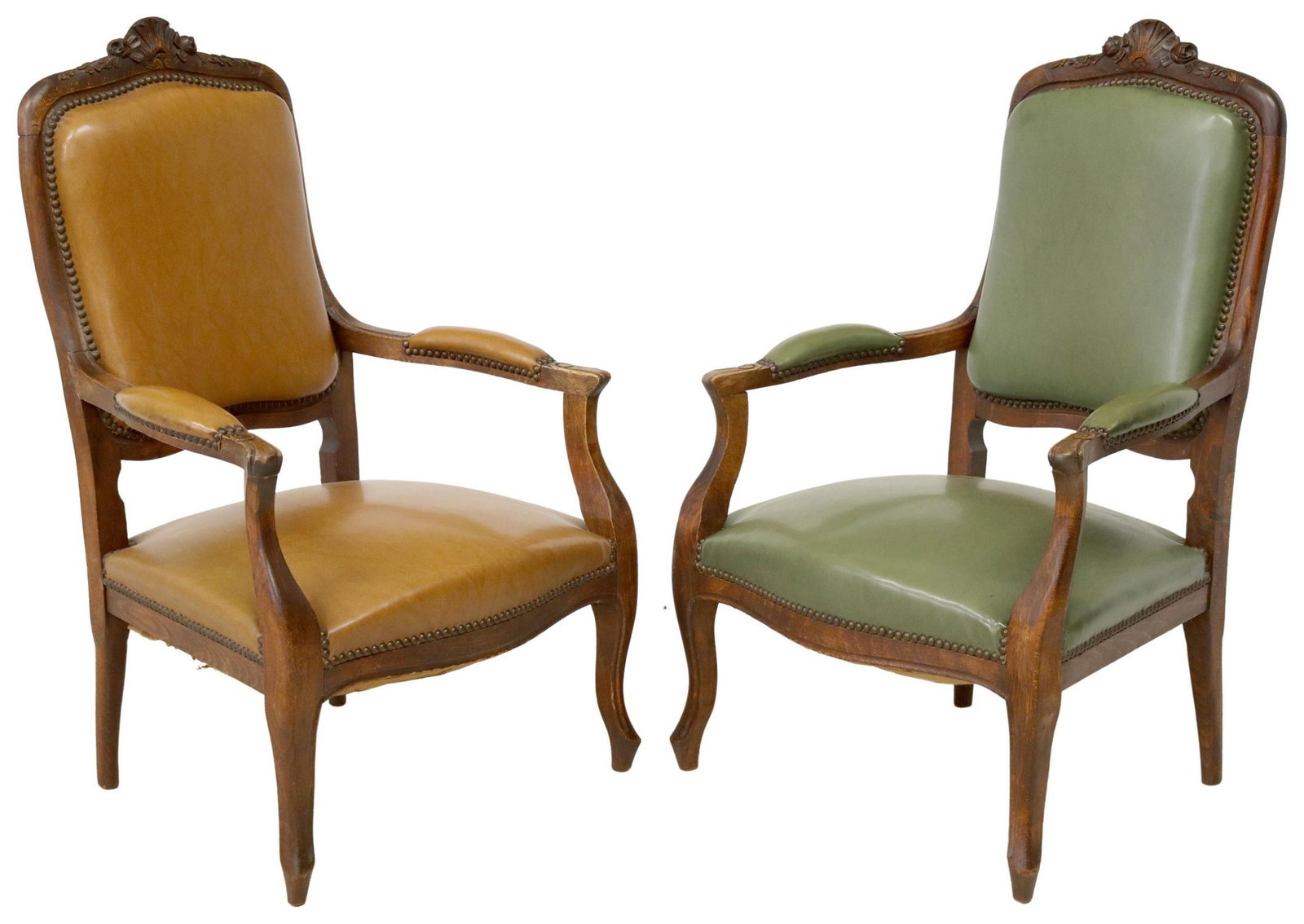 (2) FRENCH LOUIS XV STYLE FAUTEUILS: (lot of 2) French Louis XV style armchairs, 20th c., having floral and shell crest, in varied colored upholstery, with nailhead trim, rising on cabriole legs, approx 30.25"h, 24.5"w, 22.5"d, seat heig