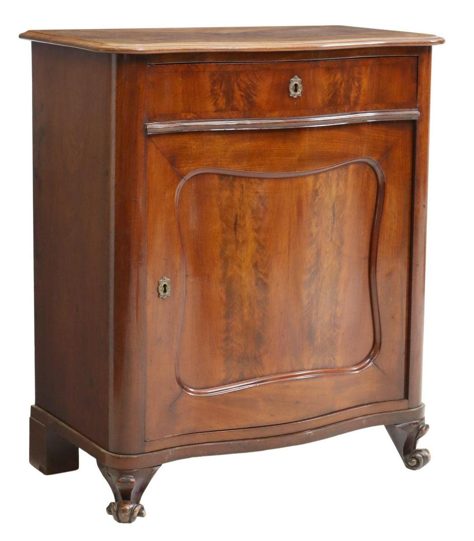 FRENCH NAPOLEON III PERIOD MAHOGANY CABINET: French Napoleon III period mahogany cabinet, late 19th c., serpentine-front case, fitted with a single drawer, over cabinet door, interior shelf, rising on whorl feet, approx 33"h, 29"w, 16"d Start Pr