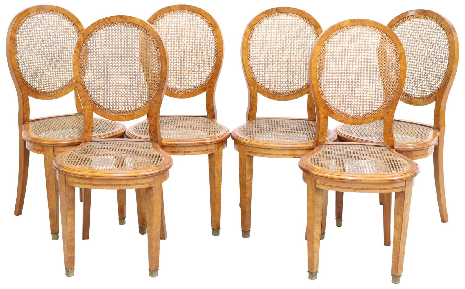 (6) FRENCH BURLWOOD CANED DINING CHAIRS: (lot of 6) French burlwood side chairs, early 20th c., having caned oval back and seat, over banded inlay, rising on tapered legs, ending in capped feet, approx 37 5/8"h, 18"w, 19.25"d, seat height: a