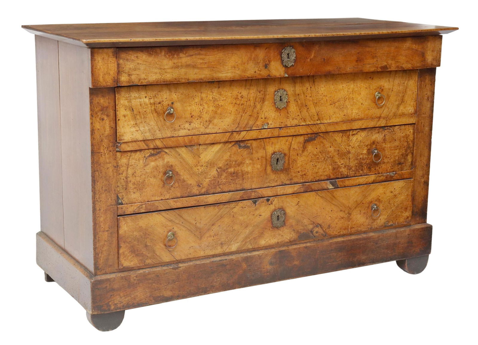 FRENCH LOUIS PHILIPPE PERIOD WALNUT COMMODE: French Louis Philippe period walnut commode, mid 19th c., frieze drawer, over three additional drawers, rising on rounded feet, separation at side panels, some veneer loss and restoration, approx 34 1
