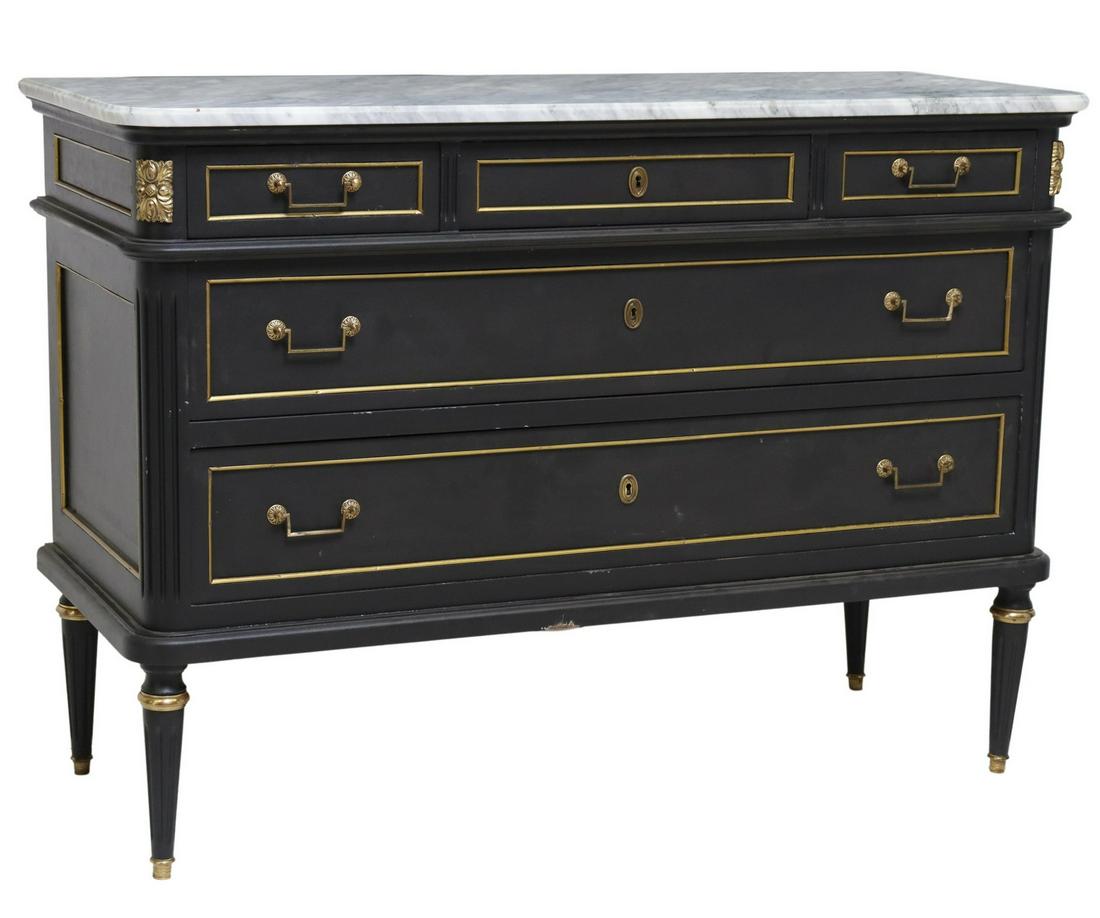 FRENCH LOUIS XVI STYLE MARBLE-TOP COMMODE: French Louis XVI style marble-top commode, 20th c., case in a later black painted finish, three small drawers, over two long drawers, rising on tapering fluted legs, approx 35.5"h, 50"w, 20.25"d Start