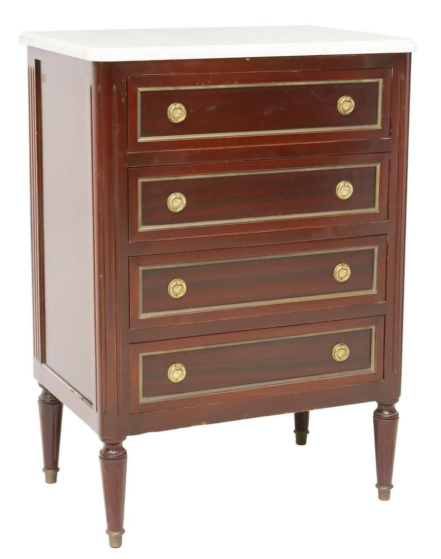 PETITE FRENCH LOUIS XVI STYLE MAHOGANY COMMODE: French Louis XVI style mahogany commode, 20th c., having marble top, over four drawers, with gilt metal banding, flanked by fluted side supports, rising on tapered legs, approx 32.75"h, 23 3/8"w, 15 1