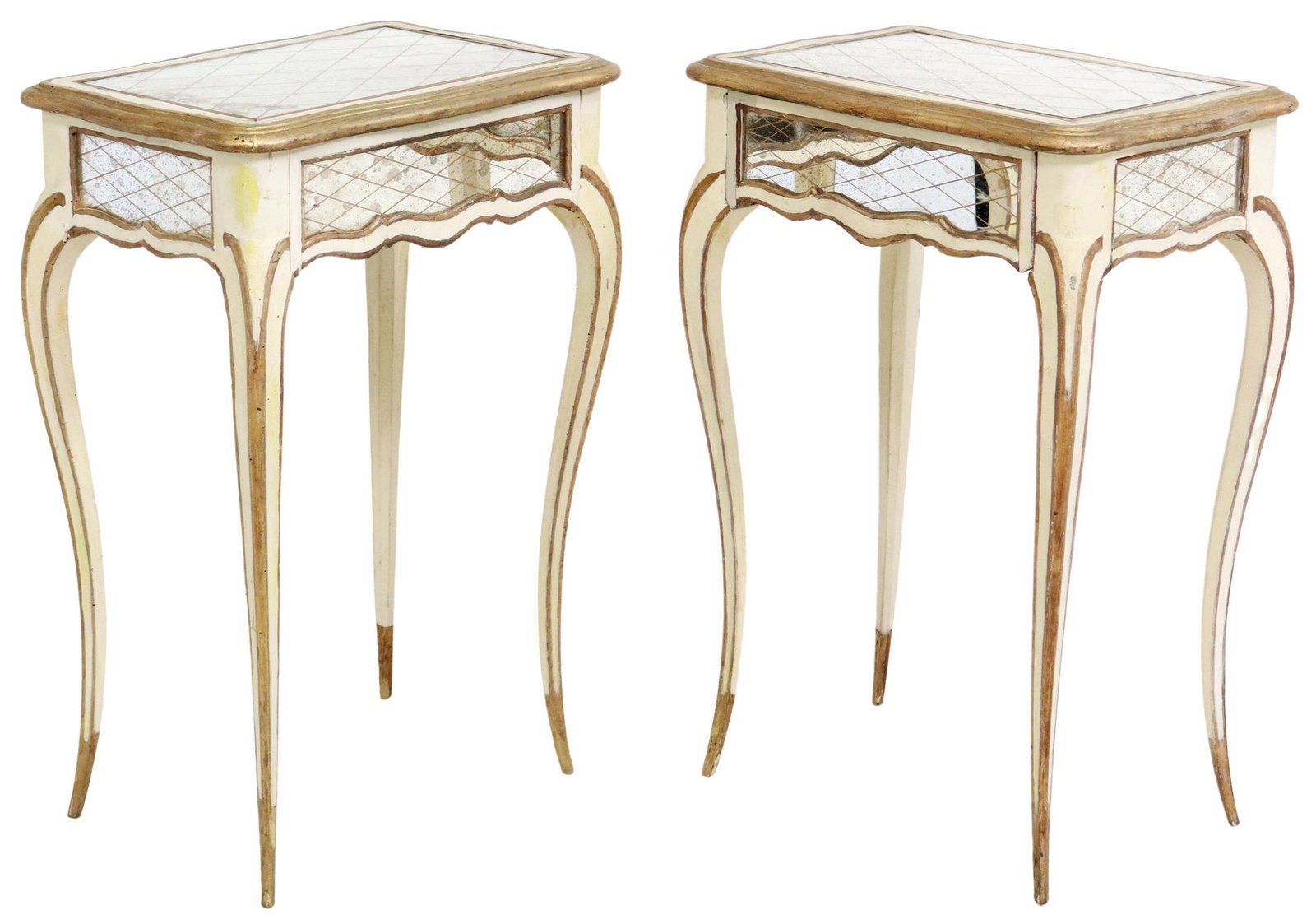 (2) LOUIS XV STYLE PAINTED & MIRRORED NIGHTSTANDS: (pair) Louis XV style painted wood nightstands, 20th c., having shaped top, over single drawer, mirrored top and sides with reverse painted geometric motifs, rising on tapered cabriole legs, (one) wit