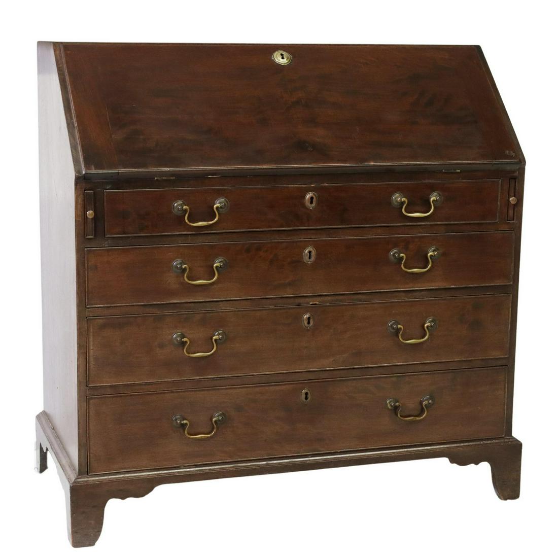 ENGLISH GEORGIAN PERIOD MAHOGANY WRITING BUREAU: English Georgian period mahogany writing bureau, late 18th/ early 19th c., slant front opening to fitted interior gallery, exterior case with four graduated drawers, rising on bracket feet, separation