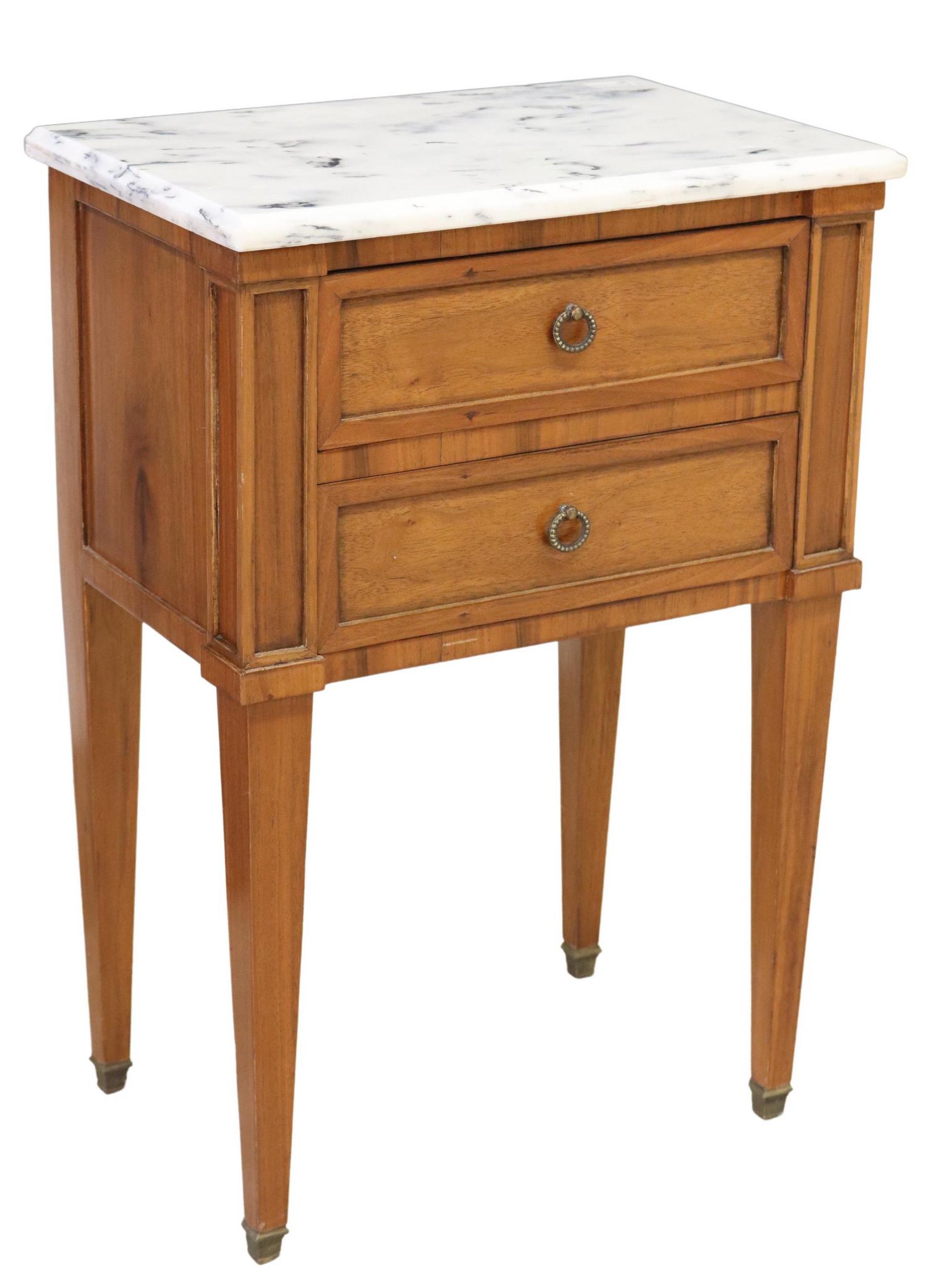 FRENCH LOUIS XVI STYLE MARBLE-TOP NIGHTSTAND: French Louis XVI style marble-top nightstand, 20th c., two drawers, rising on tapering square legs, ending in sabots, approx 28"h, 19.25"w, 12.5"d Start Price: $150.00