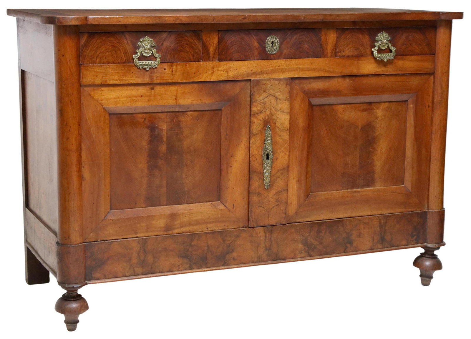 FRENCH BURL WALNUT SIDEBOARD, 19TH C.: French walnut sideboard, 19th c., three drawers, over double-door cabinet, interior shelf, rounded corner posts, continuing to turned feet, restoration to front left foot and front center panel, right