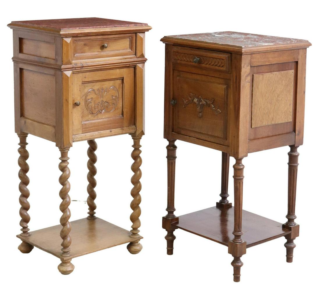 (2) FRENCH CARVED WALNUT MARBLE-TOP NIGHTSTANDS: (lot of 2) French carved walnut nightstands, early 20th c., both with inset marble tops, single drawer, over single cabinet, medial shelf, including: (1) Louis XVI style, rising on fluted supports, en