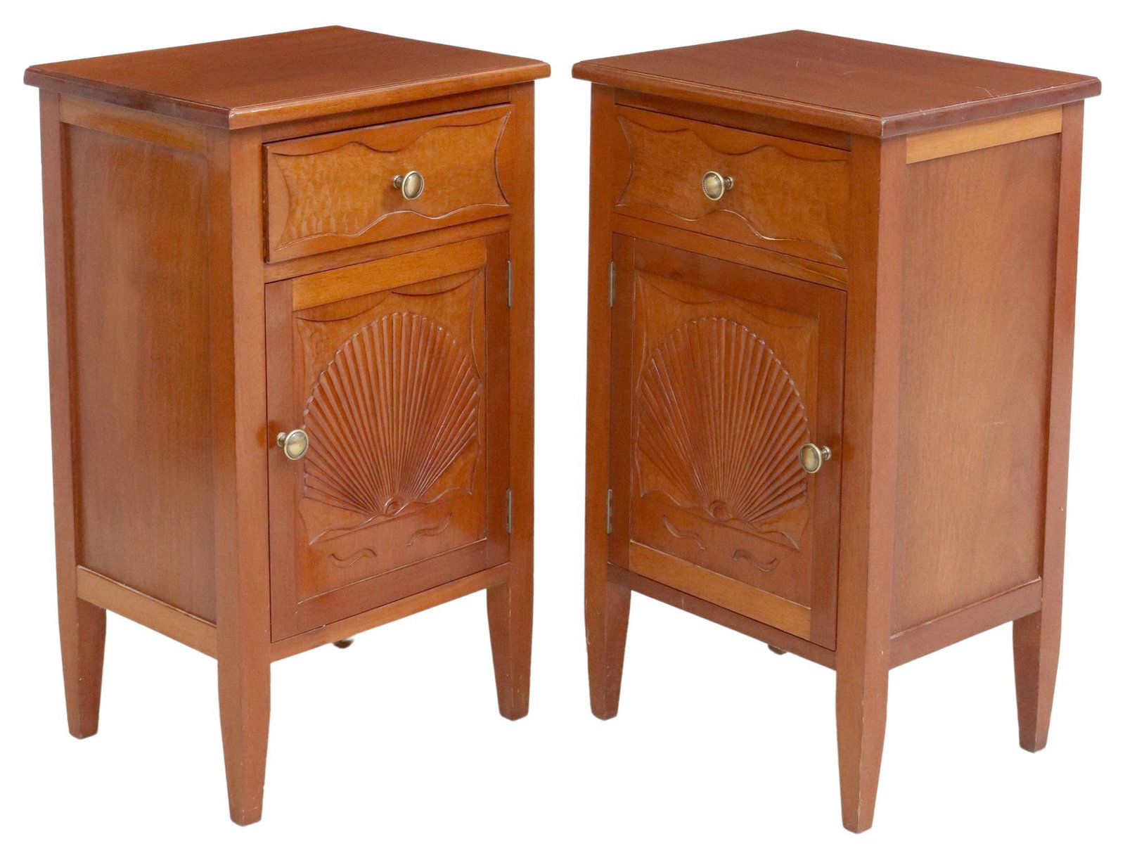 (2) FRENCH CARVED BEDSIDE CABINETS: (pair) French nightstands, 20th c., single drawer, over cabinet door carved with large shell, rising on tapering square legs, approx 30.5"h, 18"w, 14.25"d Start Price: $150.00