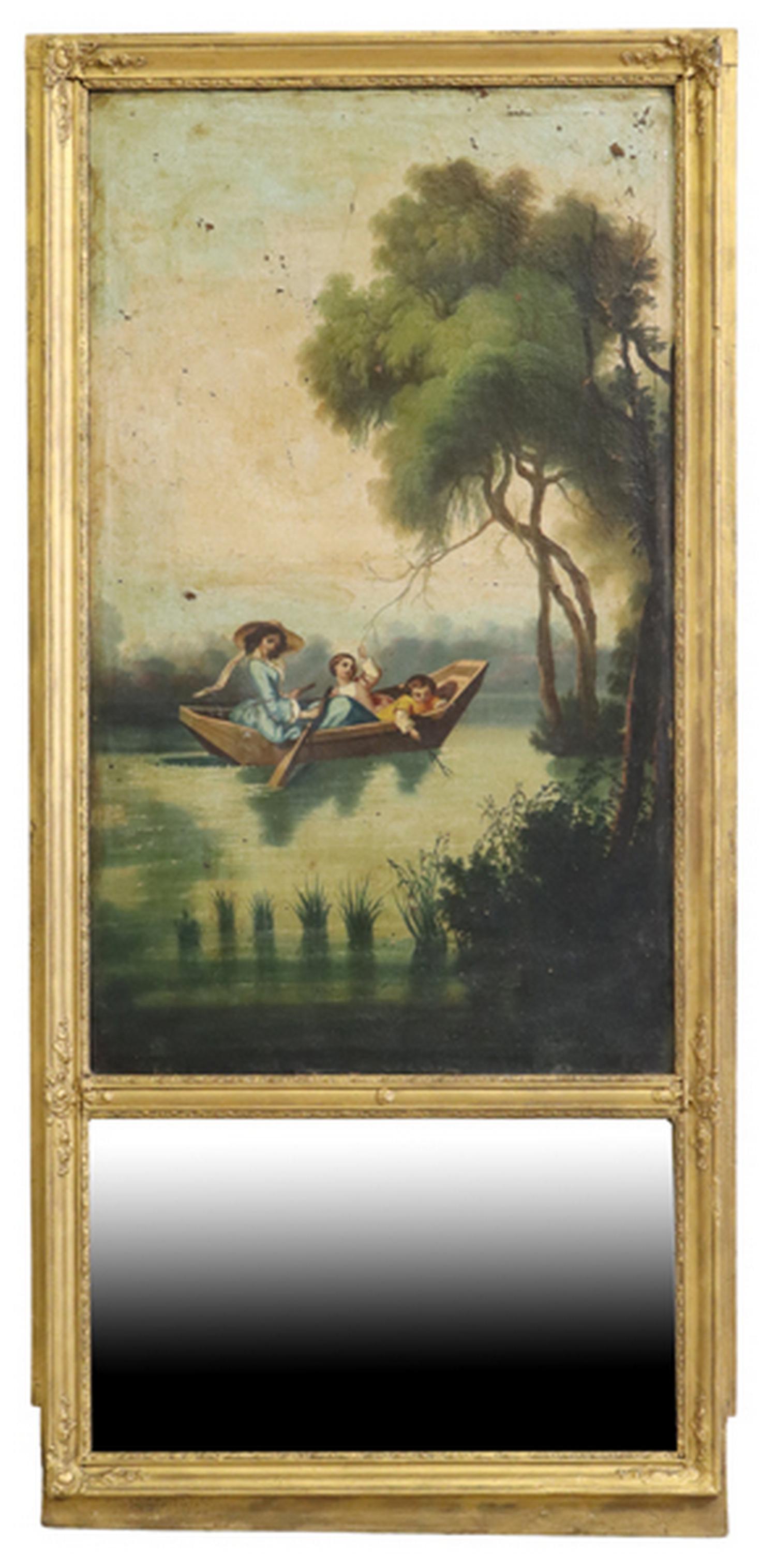 FRENCH PAINTED TRUMEAU MIRROR, 57"H: French trumeau mirror, 19th c., gilt painted frame, oil on canvas painting depicting figures in a rowboat, over a flat mirror plate, hazing and silvering loss to mirror plate, craquelure and paint los