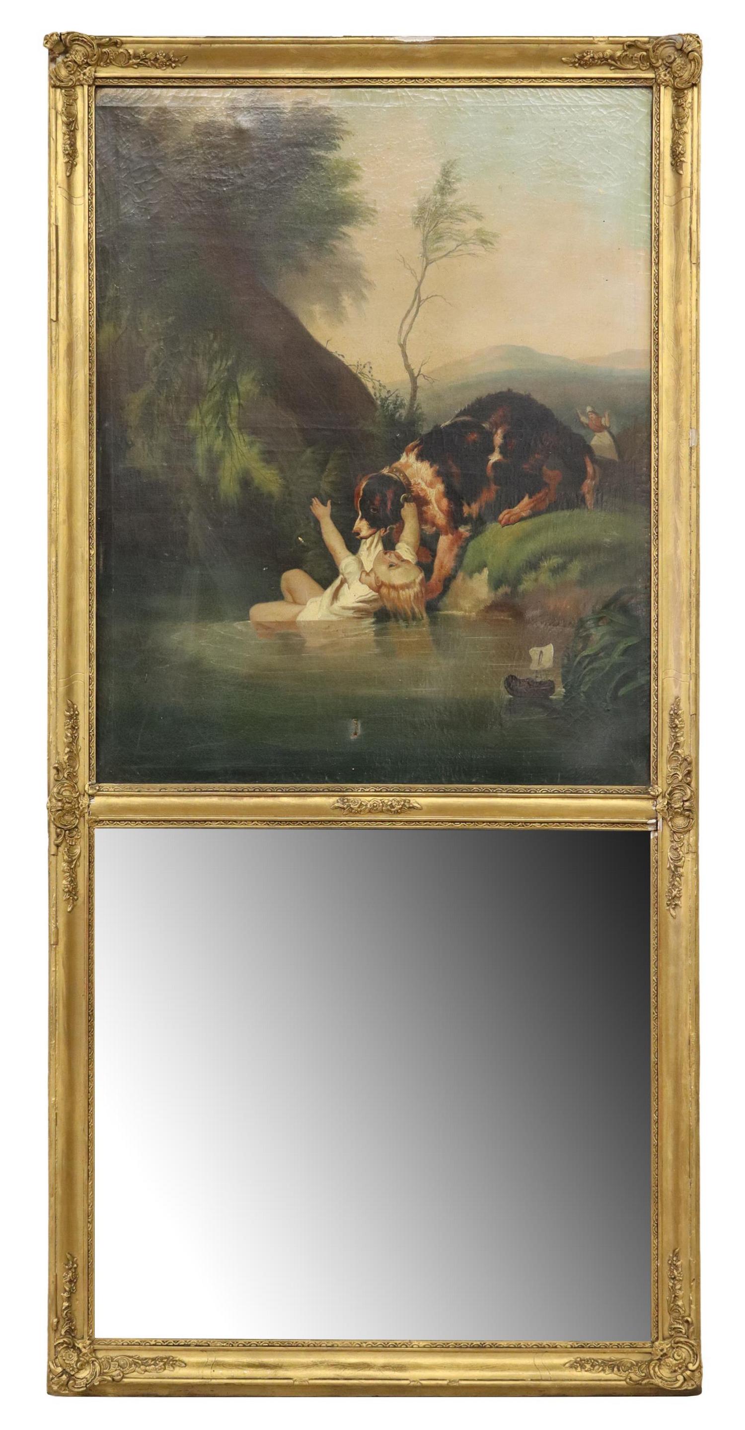 FRENCH GILT OIL ON CANVAS TRUMEAU MIRROR: French gilt-painted wood trumeau mirror, 19th c., rocaille accented frame, oil on canvas painting depicting child and dog, over flat mirror plate, some loss to ornament around frame, small hole in pai