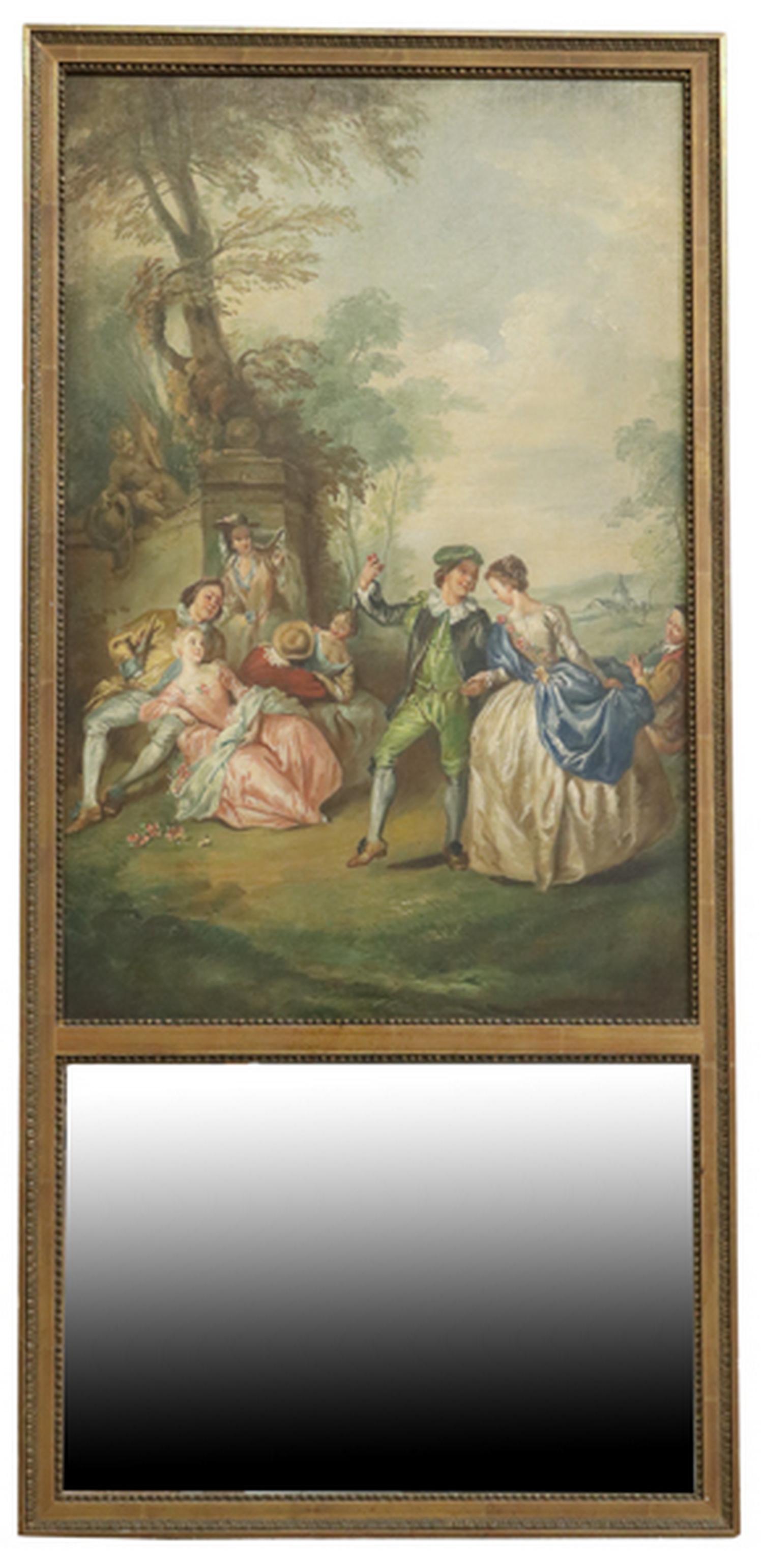 FRENCH TRUMEAU MIRROR FETE CHAMPETRE PAINTING: French trumeau mirror, 20th c., gilt painted frame with beaded molding, oil on canvas painting depicting a Rococo style garden party, over a flat mirror plate, approx 56.25"h, 26.25"w, 11.5lbs Start P
