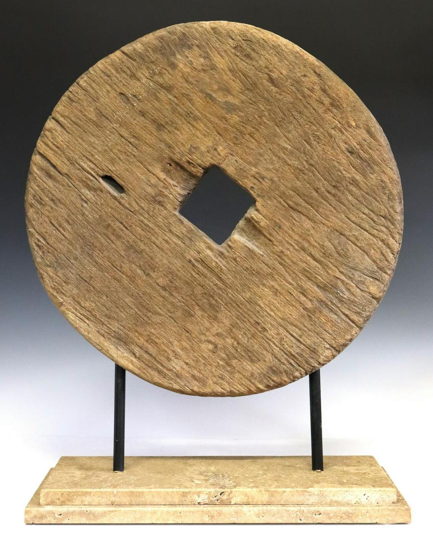 CHINESE CARVED WOOD CART WHEEL ON DISPLAY STAND (0370) on Mar 31, 2023