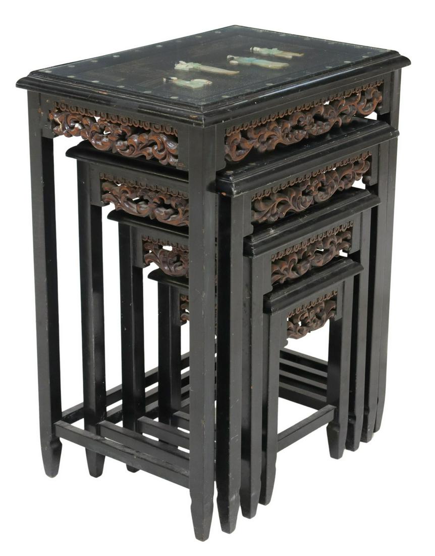 (4) CHINESE HARDSTONE & LACQUERED NESTING TABLES: (lot of 4) Chinese black lacquered nesting tables, 20th c., having inset hardstone figures, border with mother of pearl inlaid accents, (two) with glass tops, over pierced foliate apron, rising on str