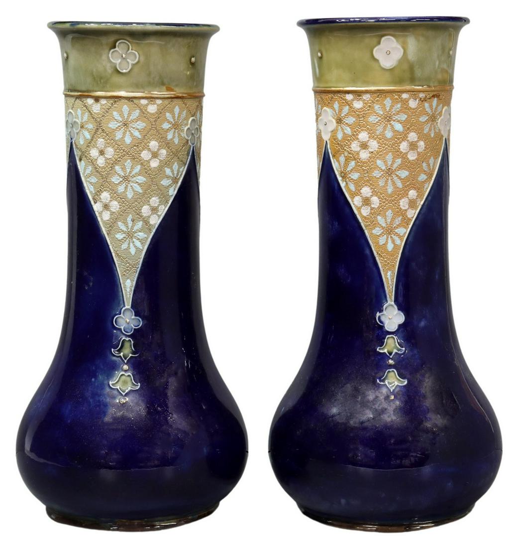 (2) ENGLISH ROYAL DOULTON STONEWARE VASES: (lot of 2) English stoneware vases, Royal Doulton, parcel gilt floral design, cobalt blue glazed ground, model number 8348, both with impressed mark r, (one) with incised artist's monogram EB (Ethel B