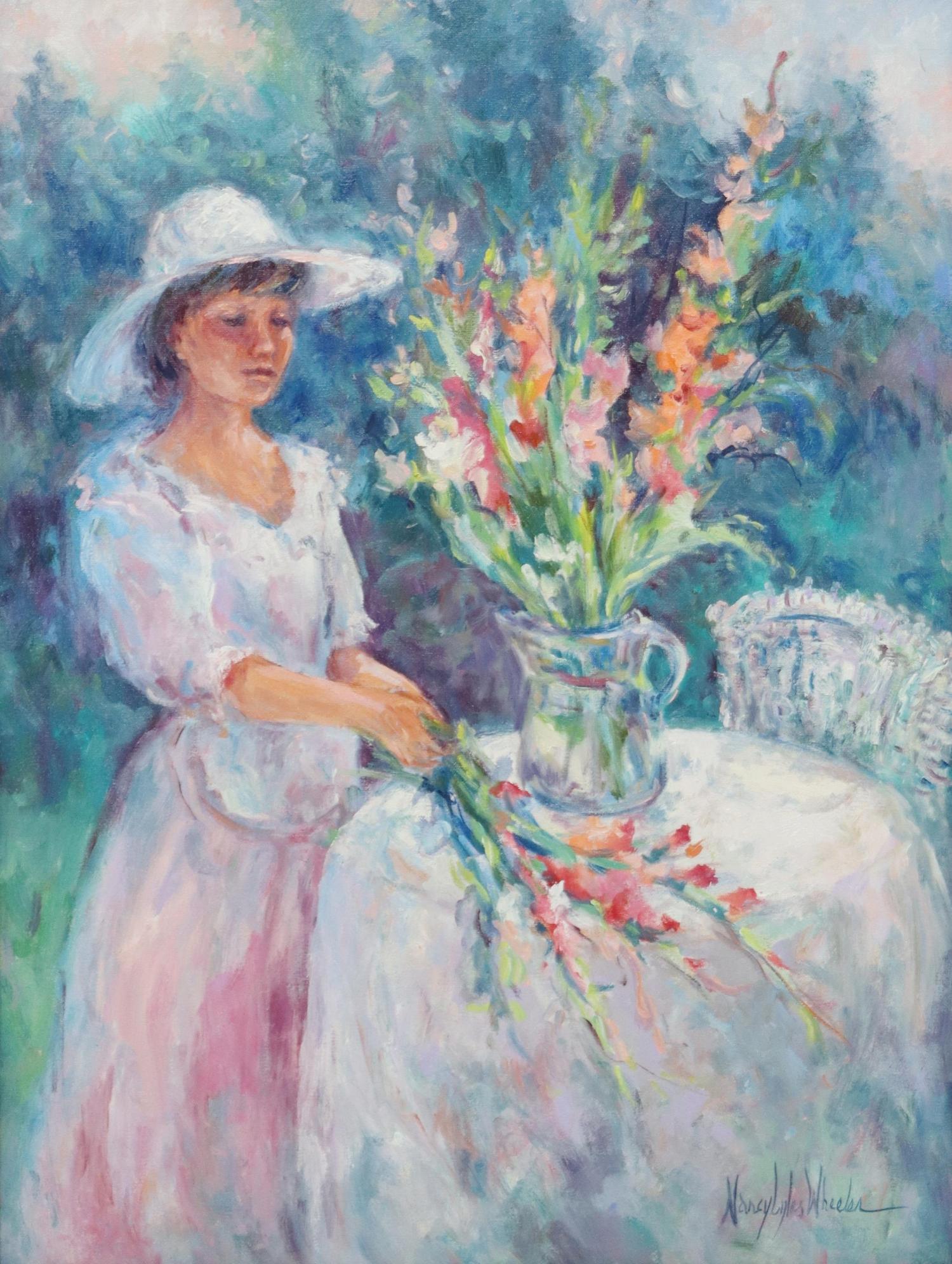 NANCY LYLES WHEELER (20TH C.) 'GARDEN ARRANGEMENT': Framed oil on canvas painting, "Garden Arrangement," signed lower right Nancy Lyles Wheeler (American, 20th c.), titled on artist's card verso, sight: approx 23.5"h, 17.5"w, overall: 30"h, 24"w, 7lbs 