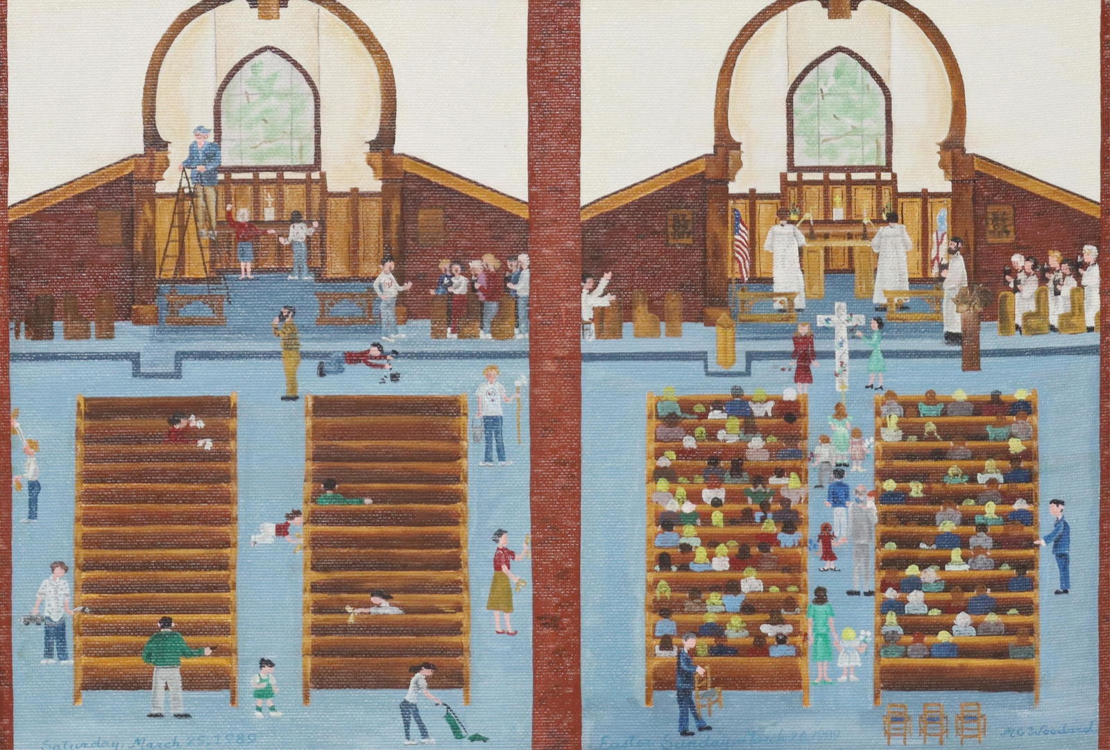 MARY GRACE WOODARD (20TH C.) FOLK ART PAINTING: Framed oil on Masonite painting, "Saturday, March 25, 1989, Easter Sunday, March 26, 1989," signed lower right M.G. Woodard (Mary Grace Woodard, 20th c.), sight: approx 17.5"h, 25.5"w, overall: 21.5"h