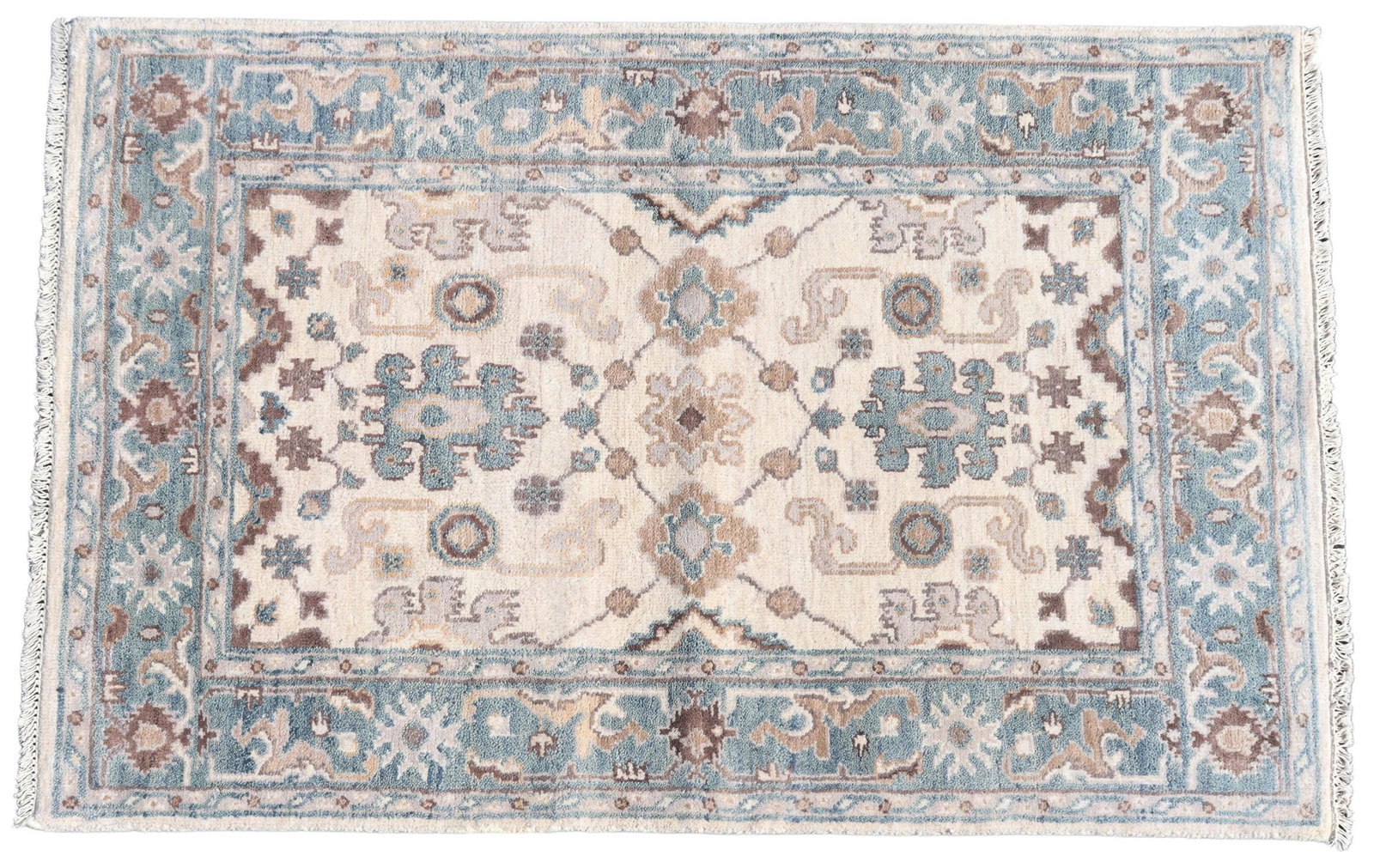 HAND-TIED INDO OUSHAK RUG, 6' X 4'1": Hand-tied Indo Oushak rug, approx 6'l, 4'1"w**Please Note: All of the rugs offered in this auction would likely benefit from a professional cleaning. Estate rugs may show some wear and imperfections. 