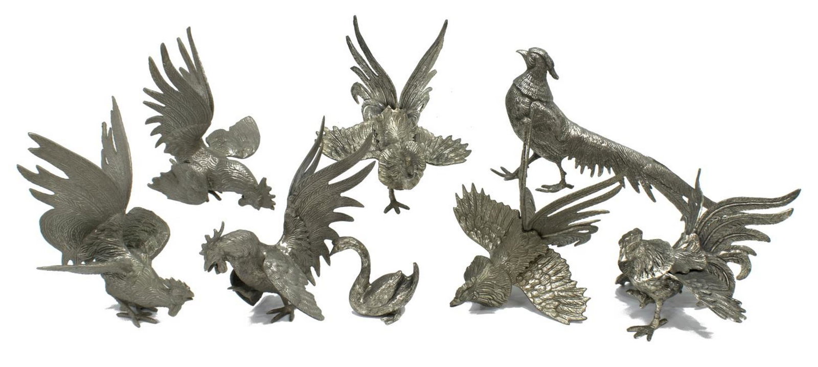 (8) SILVER-TONE CAST METAL BIRD, ROOSTER FIGURES: (lot of 8) Silver-tone cast metal bird figures, including: (6) fighting roosters, in various poses, approx 7.5"h, 6"w, 6"d, (1) pheasant, 5.5"h, 2.25"w, 10.75"d, (1) goose, 2.75"h, 1.75"w, 3"d; 9lbs t