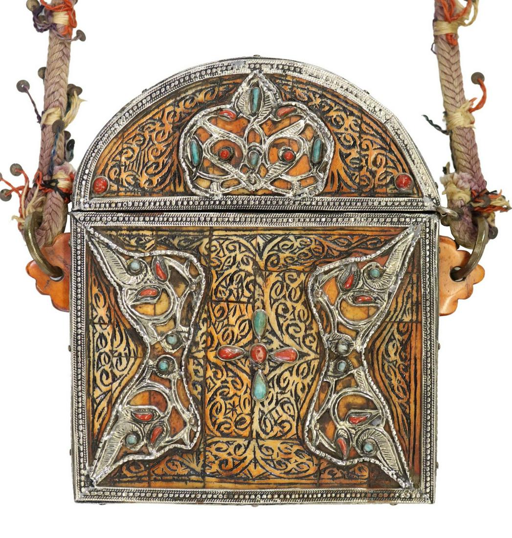 MOROCCAN BONE TILED & METAL MOUNTED QURAN CASE: Bone-tiled Quran case/ box, likely from Morocco, with silver-tone metal mounts, red coral and turquoise cabochons, approx 8"h, 8"w, 1.75"d, 2.25lbs (for shipping purposes only)**Provenance: An importa