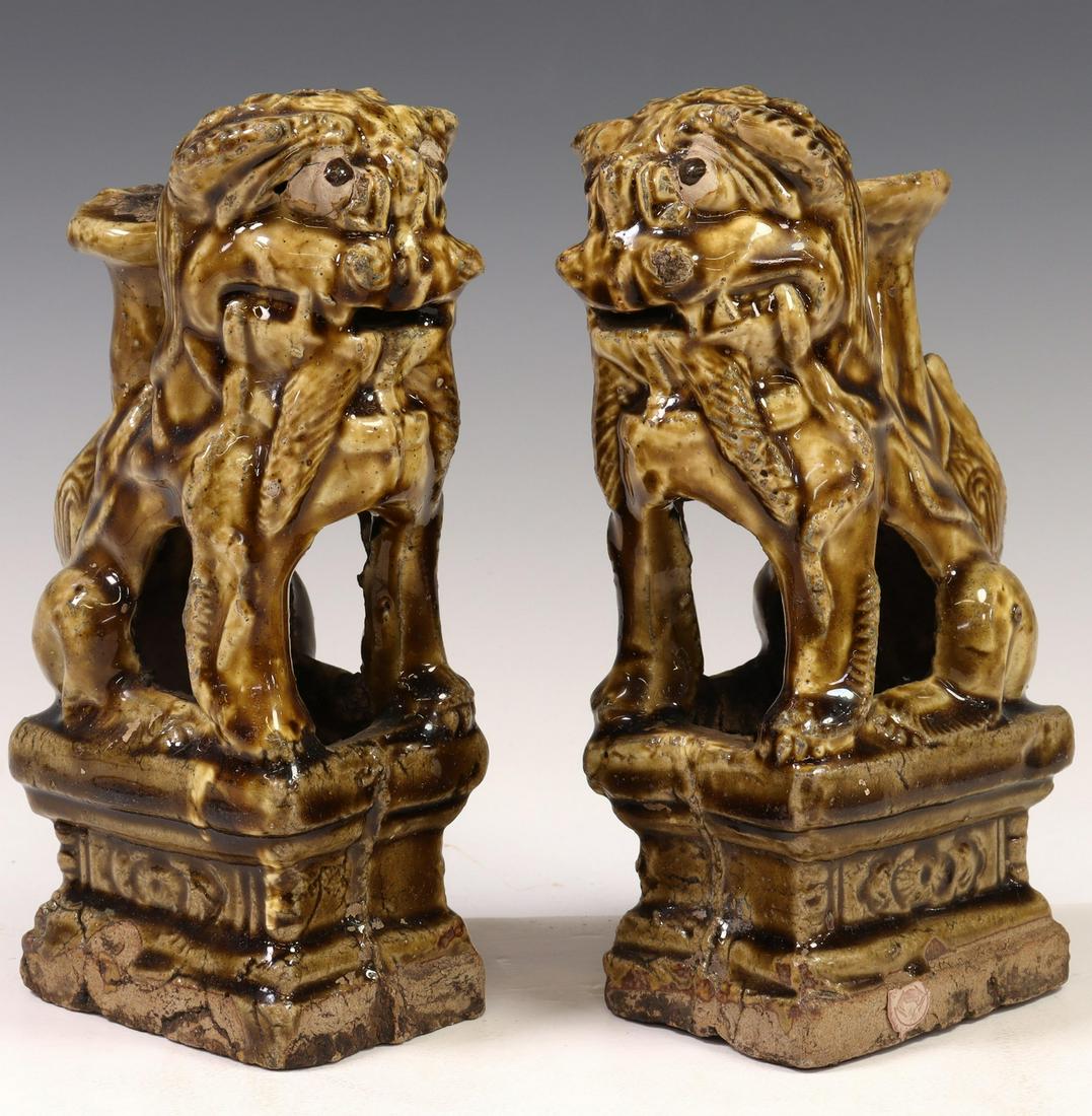 (2) CHINESE CERAMIC FOO LION INCENSE BURNERS: (lot of 2) Chinese ceramic figural incense burners, in the form of foo lions, each with partial remnant of a wax seal, approx 8.5"h, 3"w, 4.5"d, 4.5lbs total Start Price: $100.00