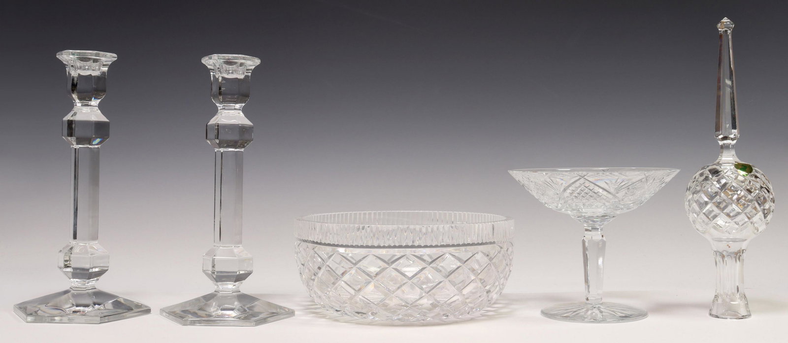 (5) WATERFORD & VAL ST LAMBERT CRYSTAL TABLEWARE: (lot of 5) Waterford cut crystal tableware and accessories, including: (1) Christmas tree top ornament, approx 10.5"h, (1) round bowl, approx 3.5"h, 8.25"diam, (1) compote, approx 5.25"h, 6"diam, toge