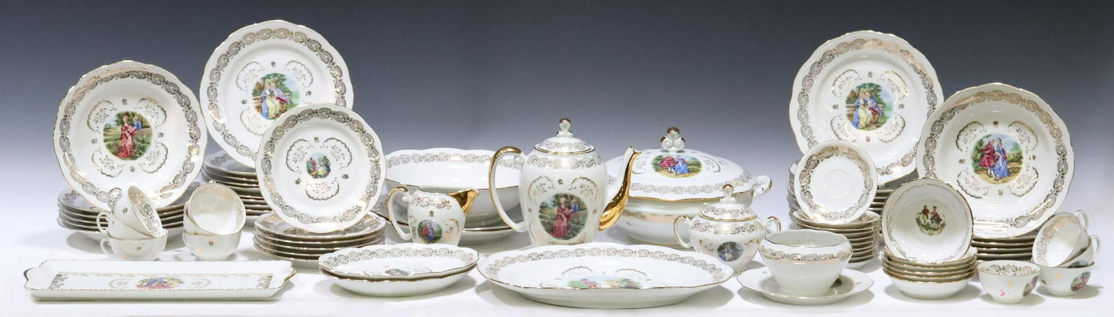 (76) FRENCH ASSEMBLED PORCELAIN DINNER SERVICE: (lot of 76) French assembled porcelain dinner service, having white ground, figural scenes, gilt foliate accents and trim, with various makers marks, including: (20) dinner plates, some signed, (two)