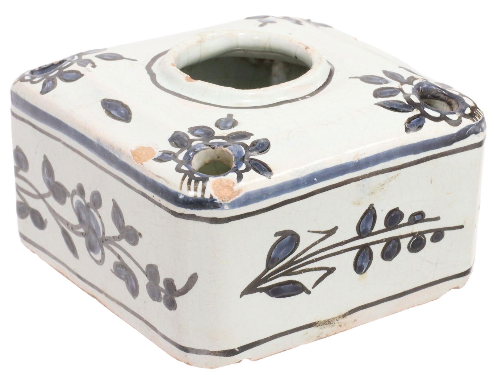 ANTIQUE FRENCH FAIENCE INKWELL, 18TH C.: French tin-glazed earthenware inkwell, late 18th c., blue flowers against a white ground, small chips around shoulder and foot, approx 2.5"h, 3.75"w, 3.75"d, 0.75lbs Start Price: $40.00