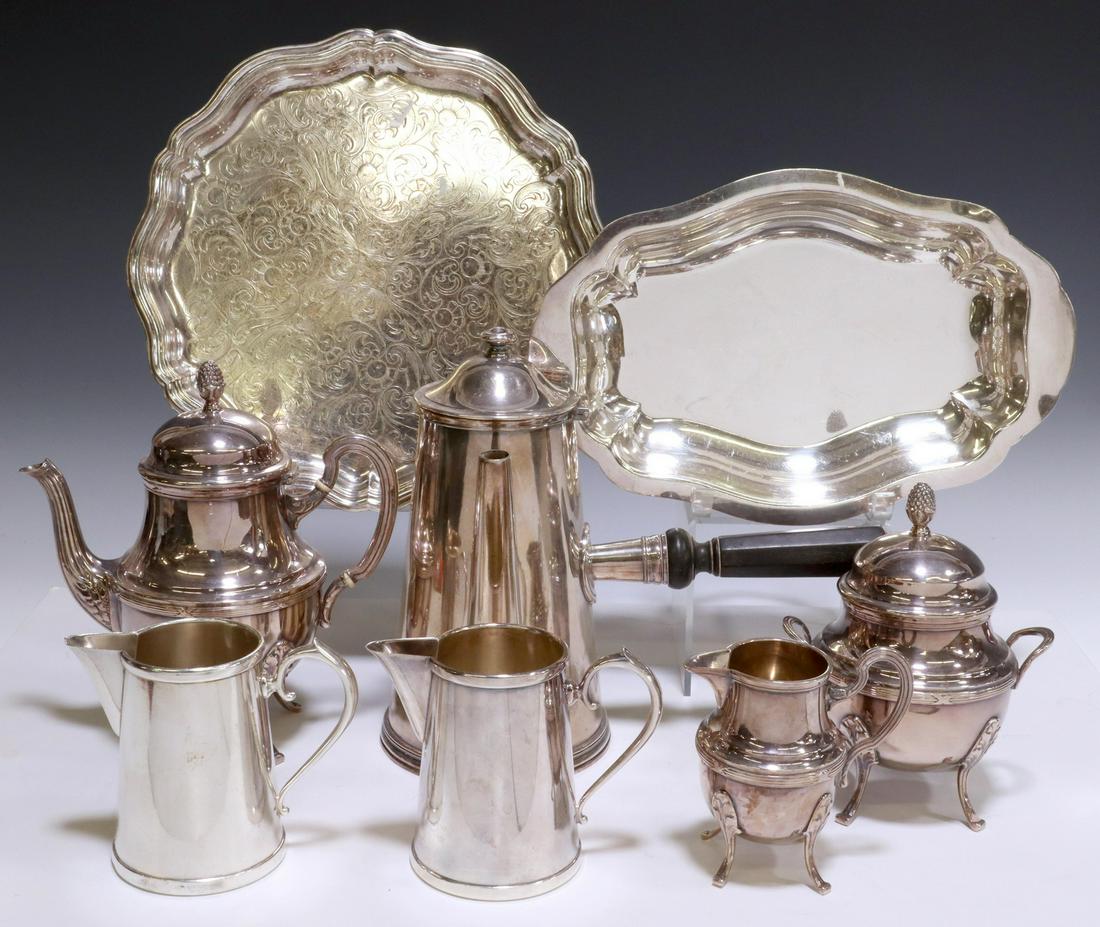 (8) FRENCH & OTHER SILVERPLATE TABLEWARE: (lot of 8) French and other silverplate tableware, highlights include: (3 piece) tea service, hallmarked BB, likely Bouillet Bourdelle, (2) Reneka cream/ milk pitchers, (1) B. Bohrmann coffee/ chocola