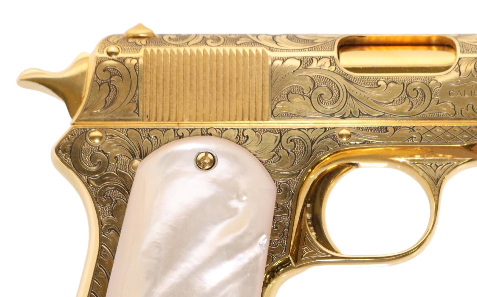 COLT 1903 ENGRAVED & GOLD PLATE #2 OF 38 PISTOLS: Colt Model 1903 Pocket Hammer Pistol, Mfg. 1915, "completely plated with 24 karat gold, to jewelers grade heavy thickness", and "hand engraved", at top and side of slide and both sides of frame, a U.S