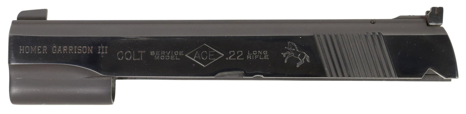 COLT ACE SLIDE ONLY: Colt Ace Slide Only, the left marked Ace in a diamond, the right marked Colt Service Model, Ace in diamond, .22 Long Rifle and rampant Colt, a previous owner name engraved at front left, angled pull s